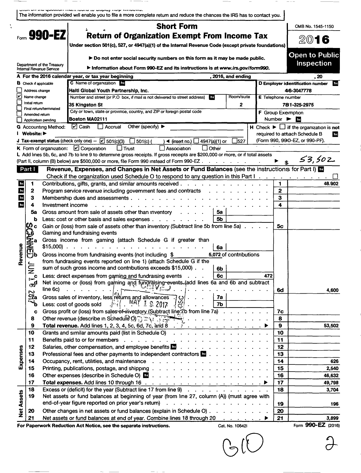 Image of first page of 2016 Form 990EZ for Haiti Global Youth Partnership