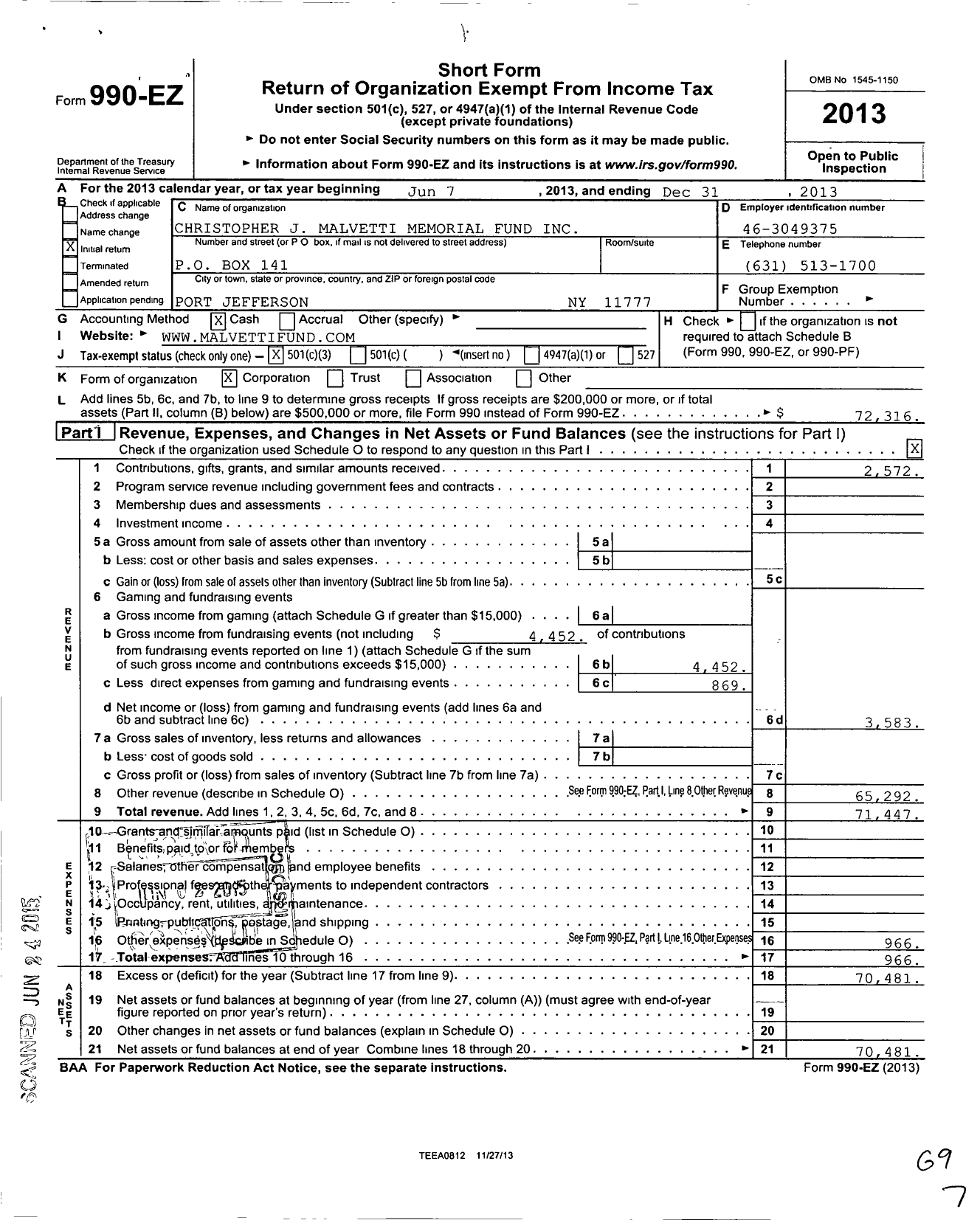 Image of first page of 2013 Form 990EZ for Christopher J Malvetti Memorial Fund