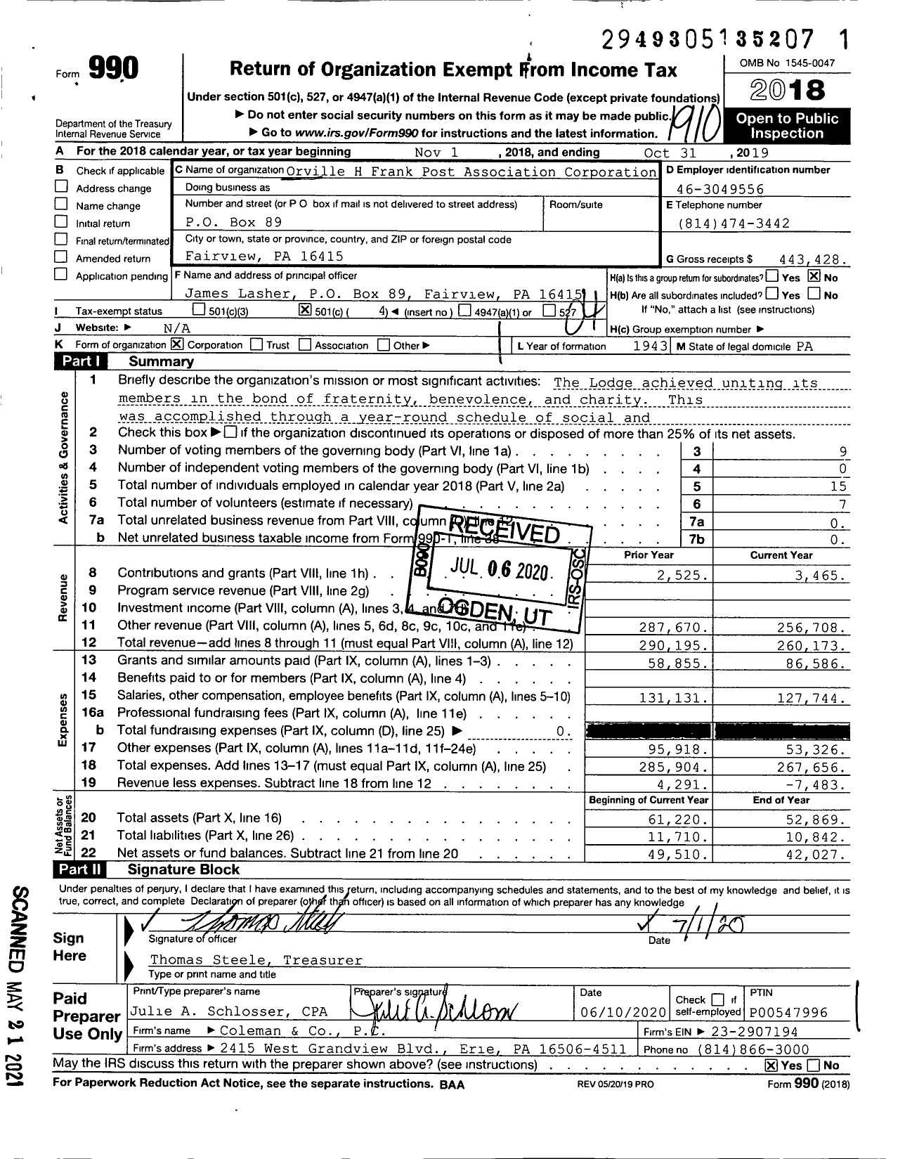 Image of first page of 2018 Form 990O for Orville H Frank Post Association Corporation