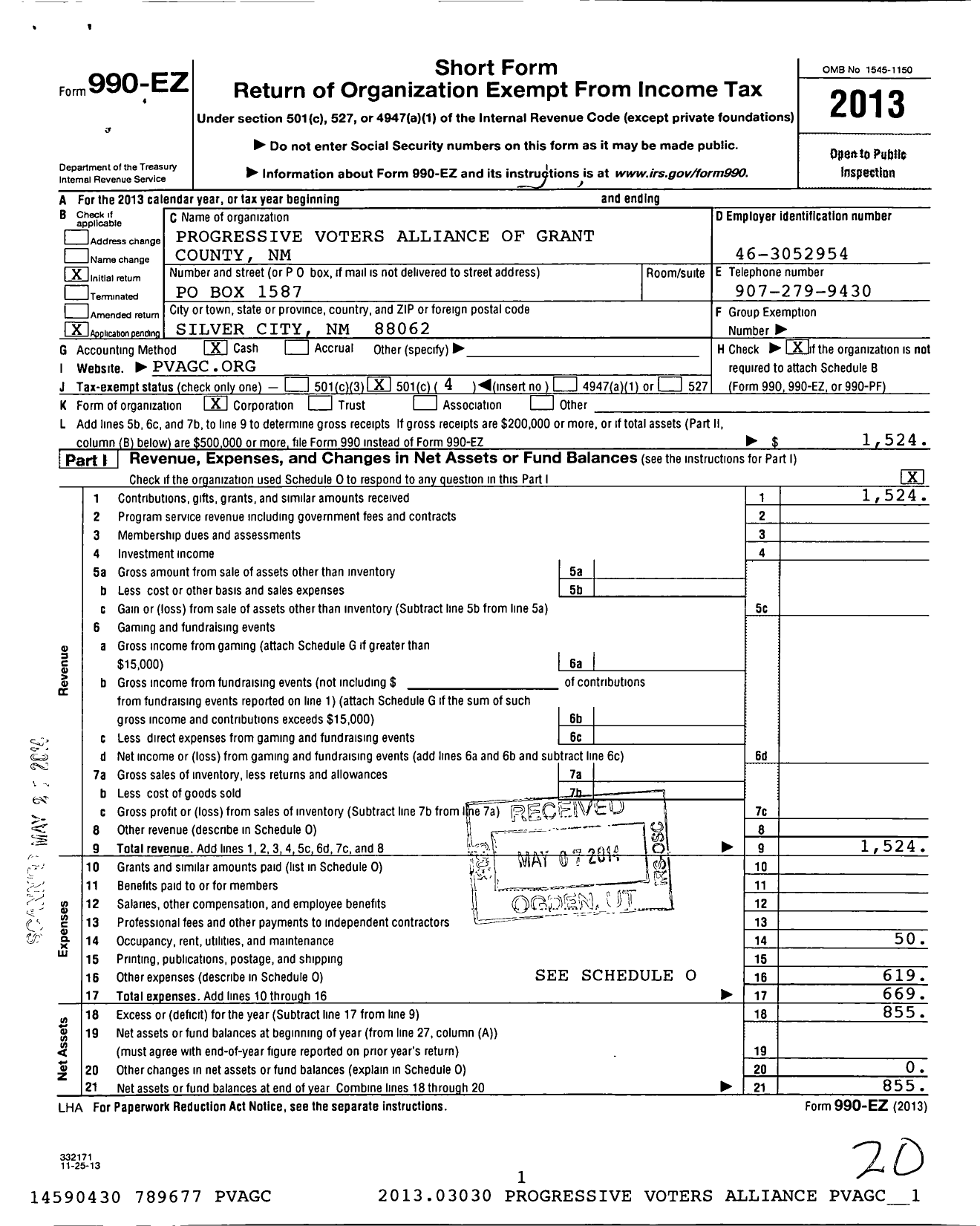 Image of first page of 2013 Form 990EO for Progressive Voters Alliance of Grant County