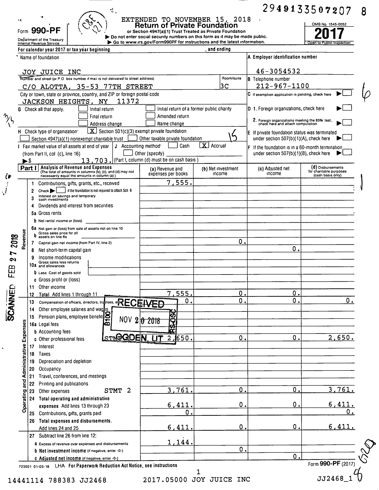 Image of first page of 2017 Form 990PF for Joy Juice