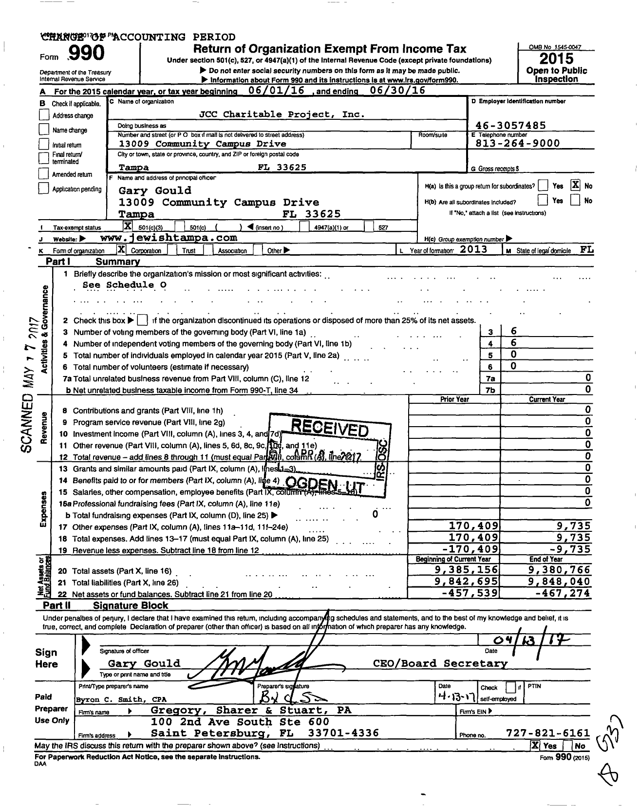 Image of first page of 2015 Form 990 for JCC Charitable Project
