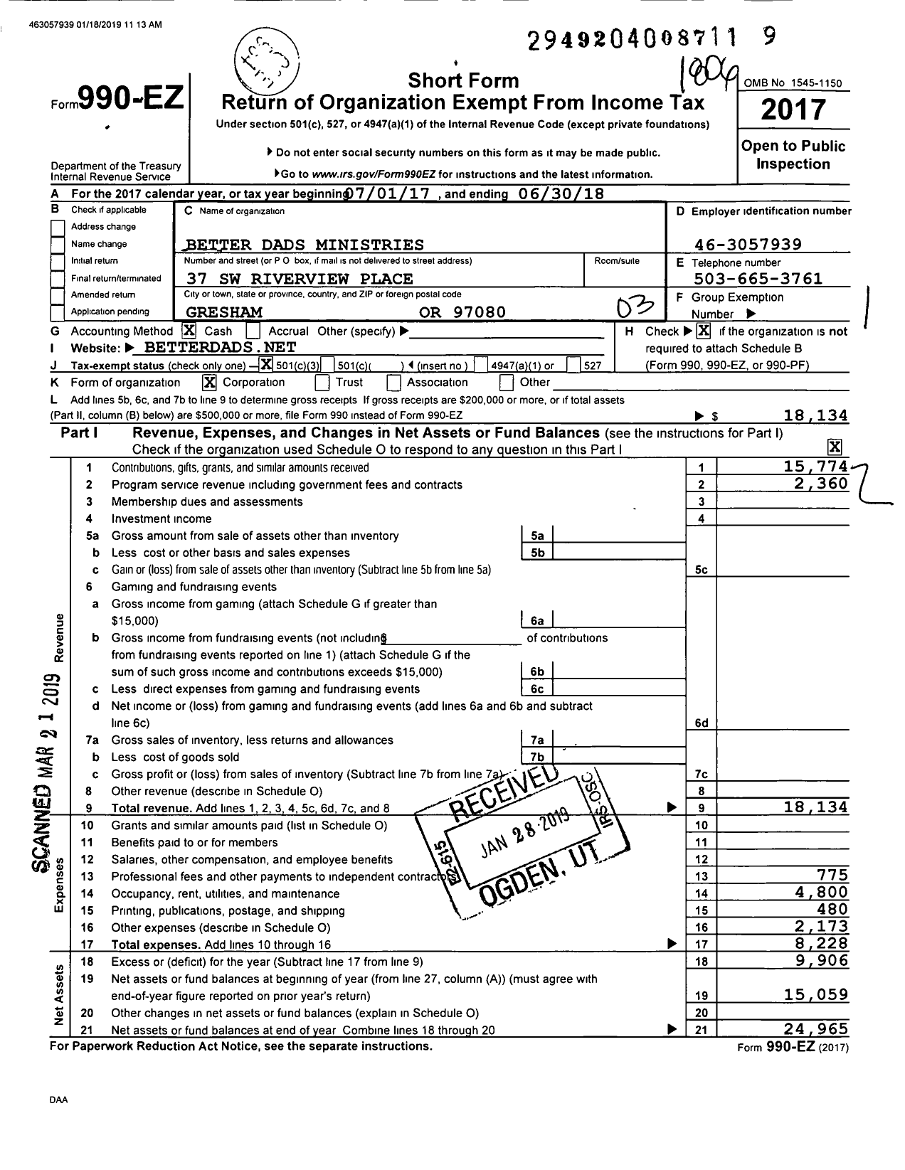 Image of first page of 2017 Form 990EZ for Better Dads Ministries