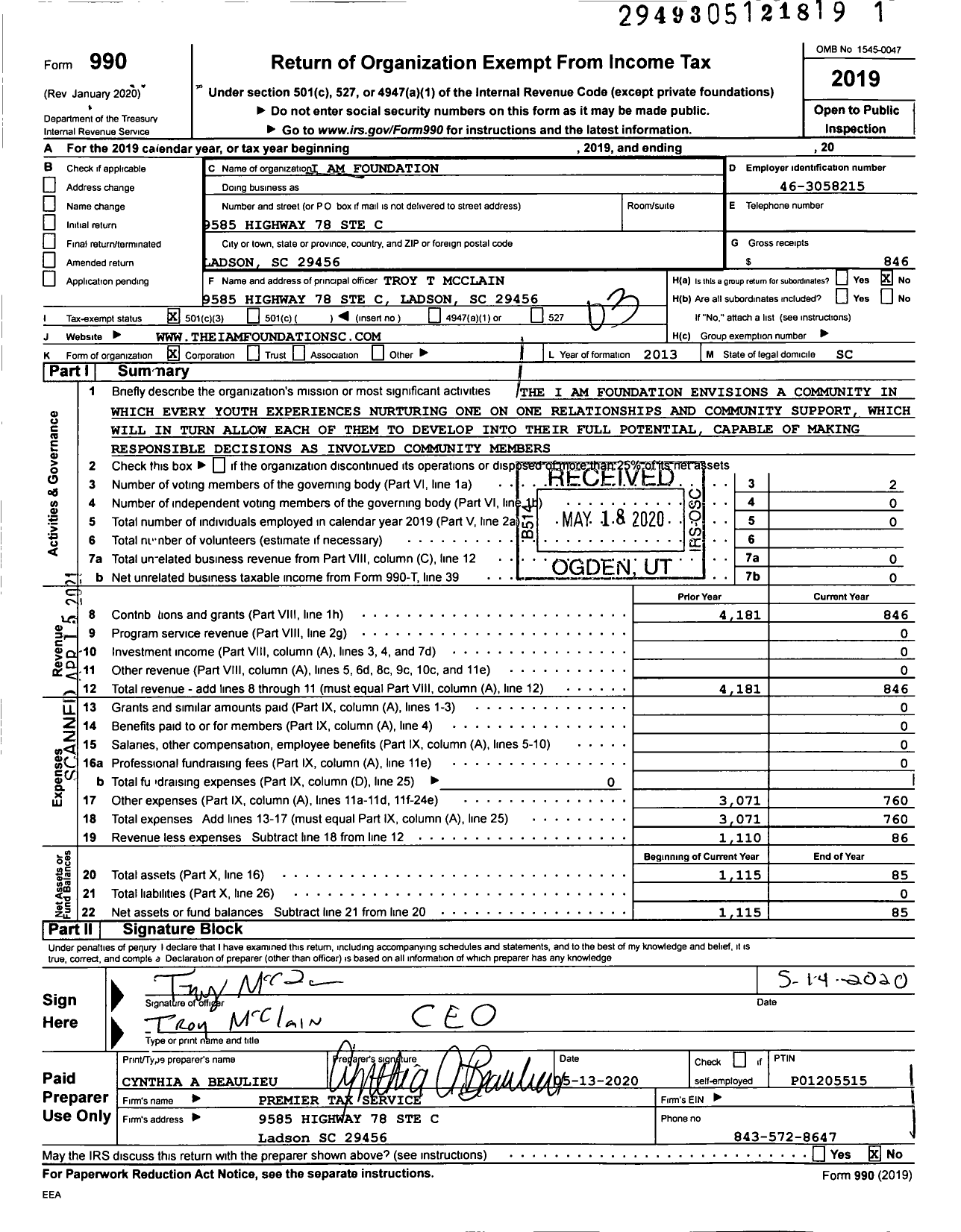 Image of first page of 2019 Form 990 for I Am Foundation