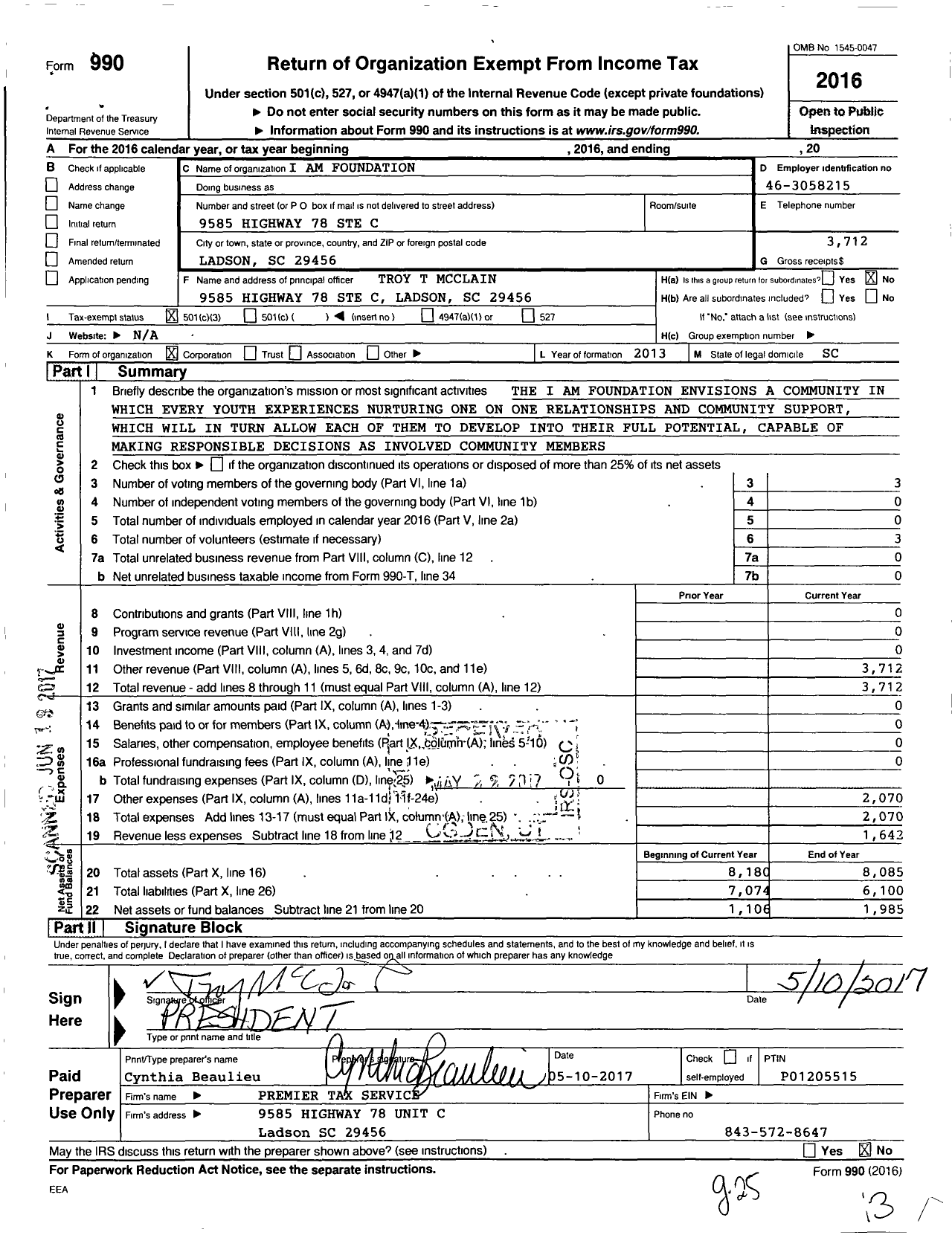 Image of first page of 2016 Form 990 for I Am Foundation