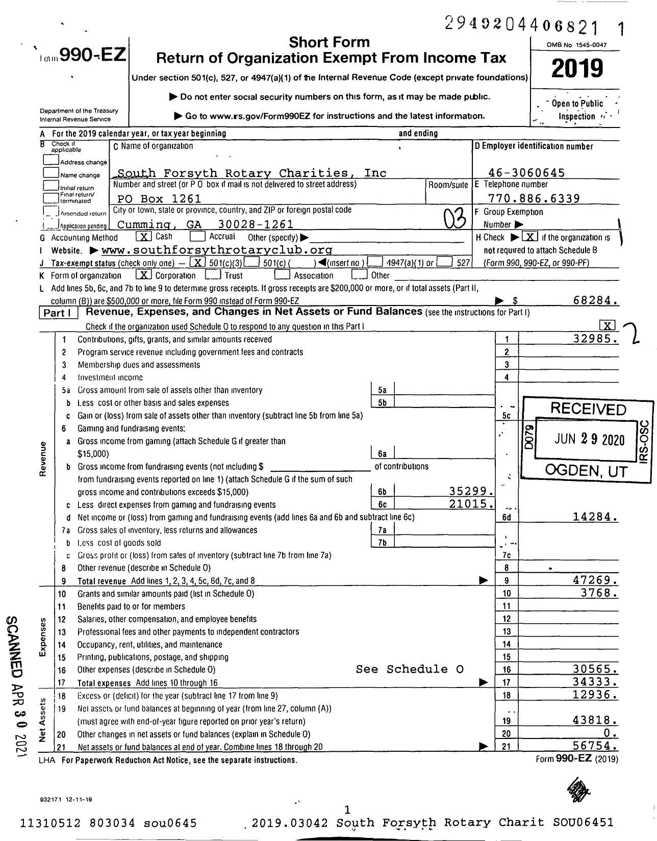 Image of first page of 2019 Form 990EZ for South Forsyth Rotary Charities