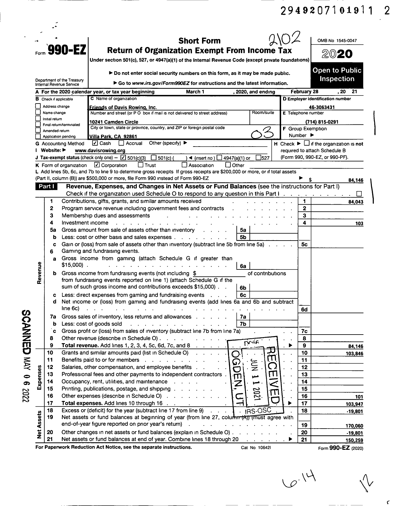 Image of first page of 2020 Form 990EZ for Friends of Davis Rowing