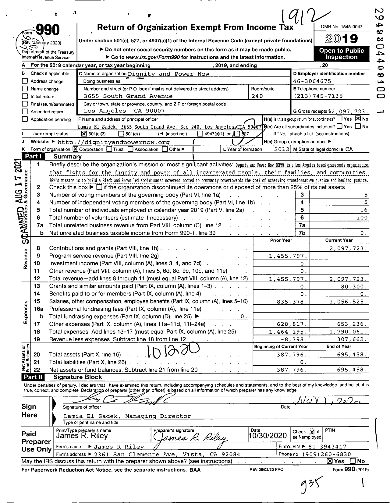 Image of first page of 2019 Form 990 for Dignity and Power Now