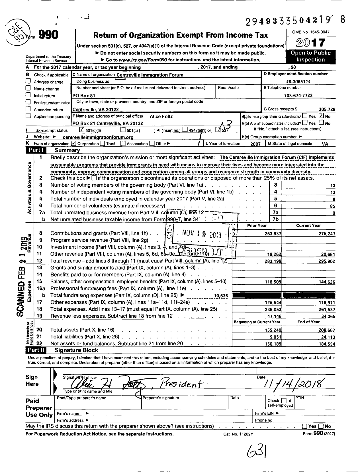 Image of first page of 2017 Form 990 for Centreville Immigration Forum