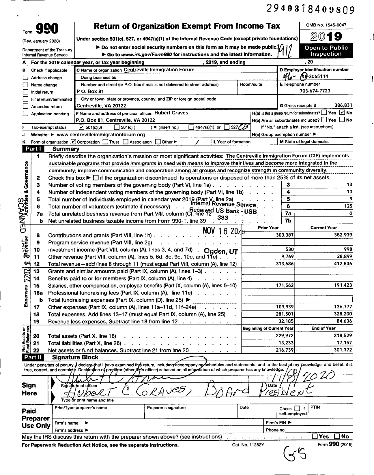 Image of first page of 2019 Form 990 for Centreville Immigration Forum