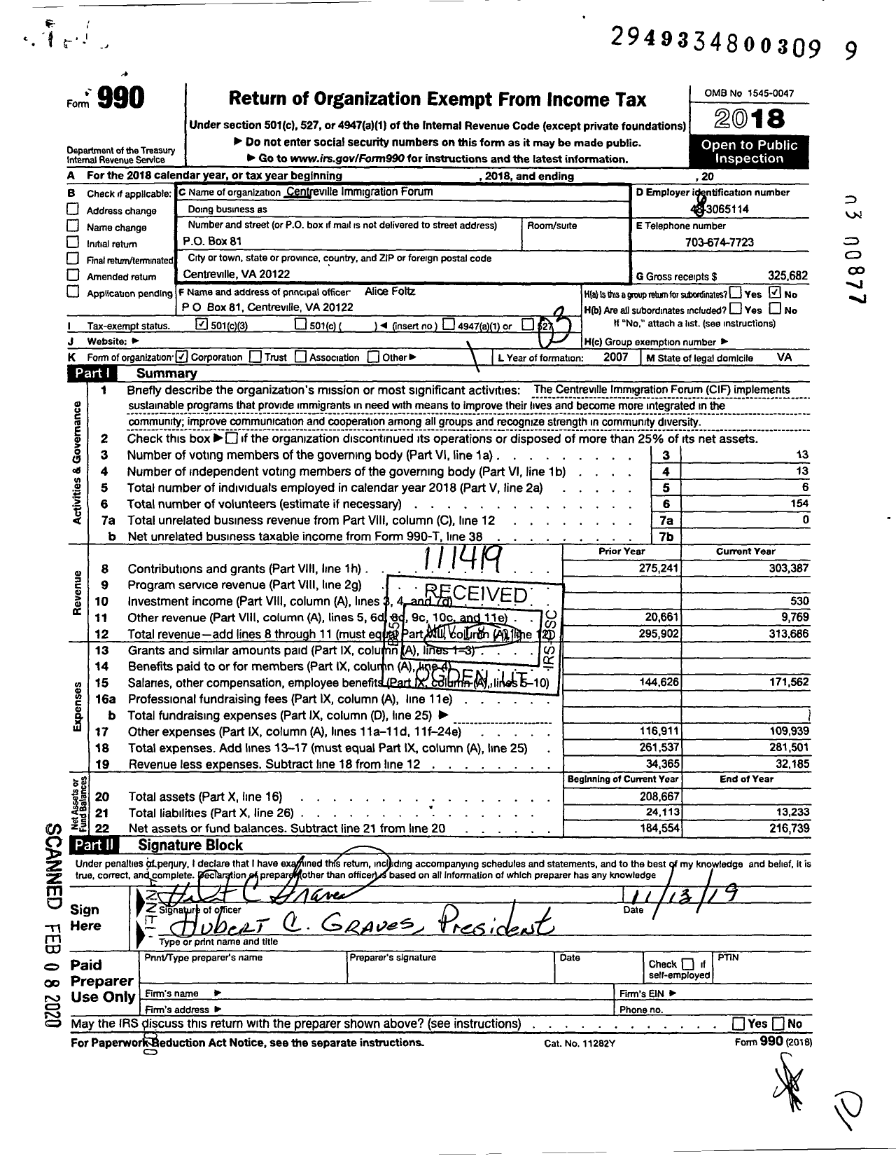 Image of first page of 2018 Form 990 for Centreville Immigration Forum