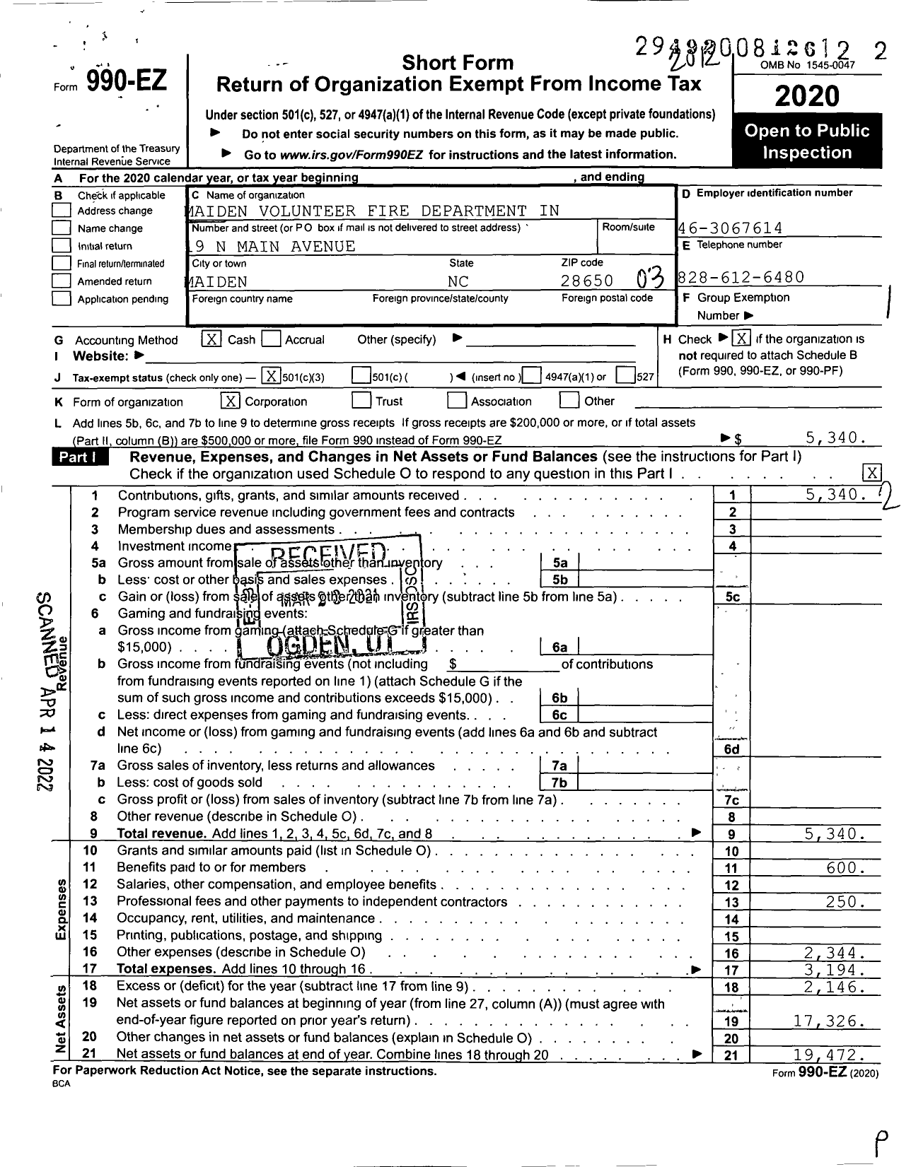 Image of first page of 2020 Form 990EZ for Maiden Volunteer Fire Department in