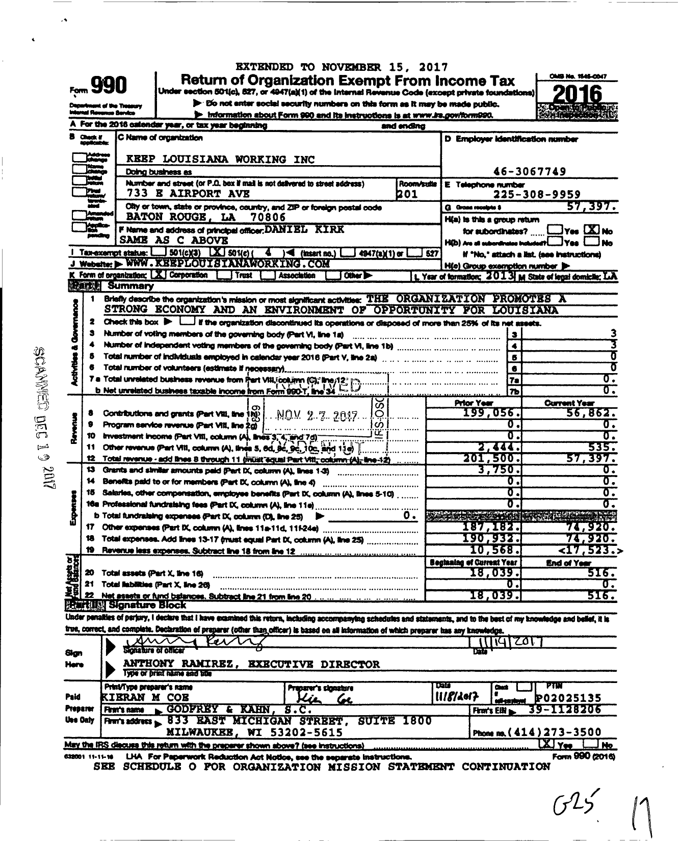 Image of first page of 2016 Form 990O for Keep Louisiana Working