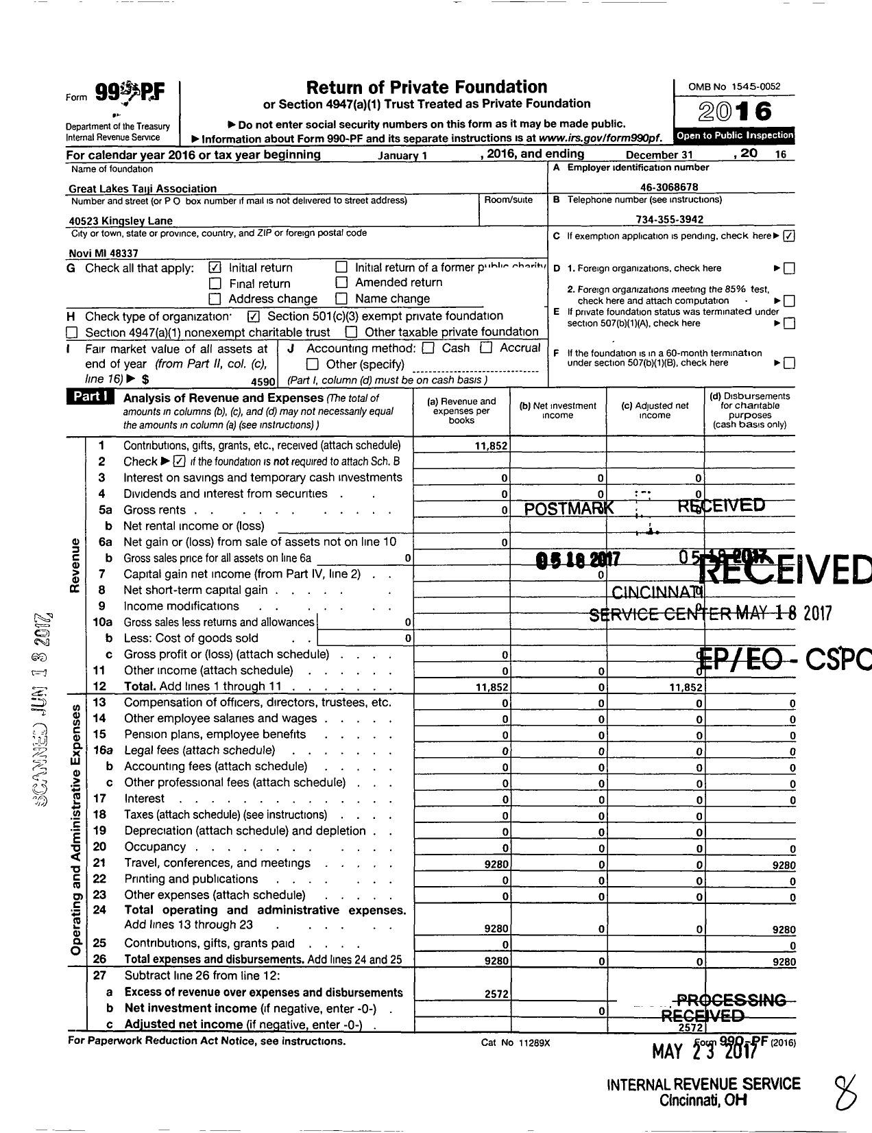 Image of first page of 2016 Form 990PF for Great Lakes Taiji Association