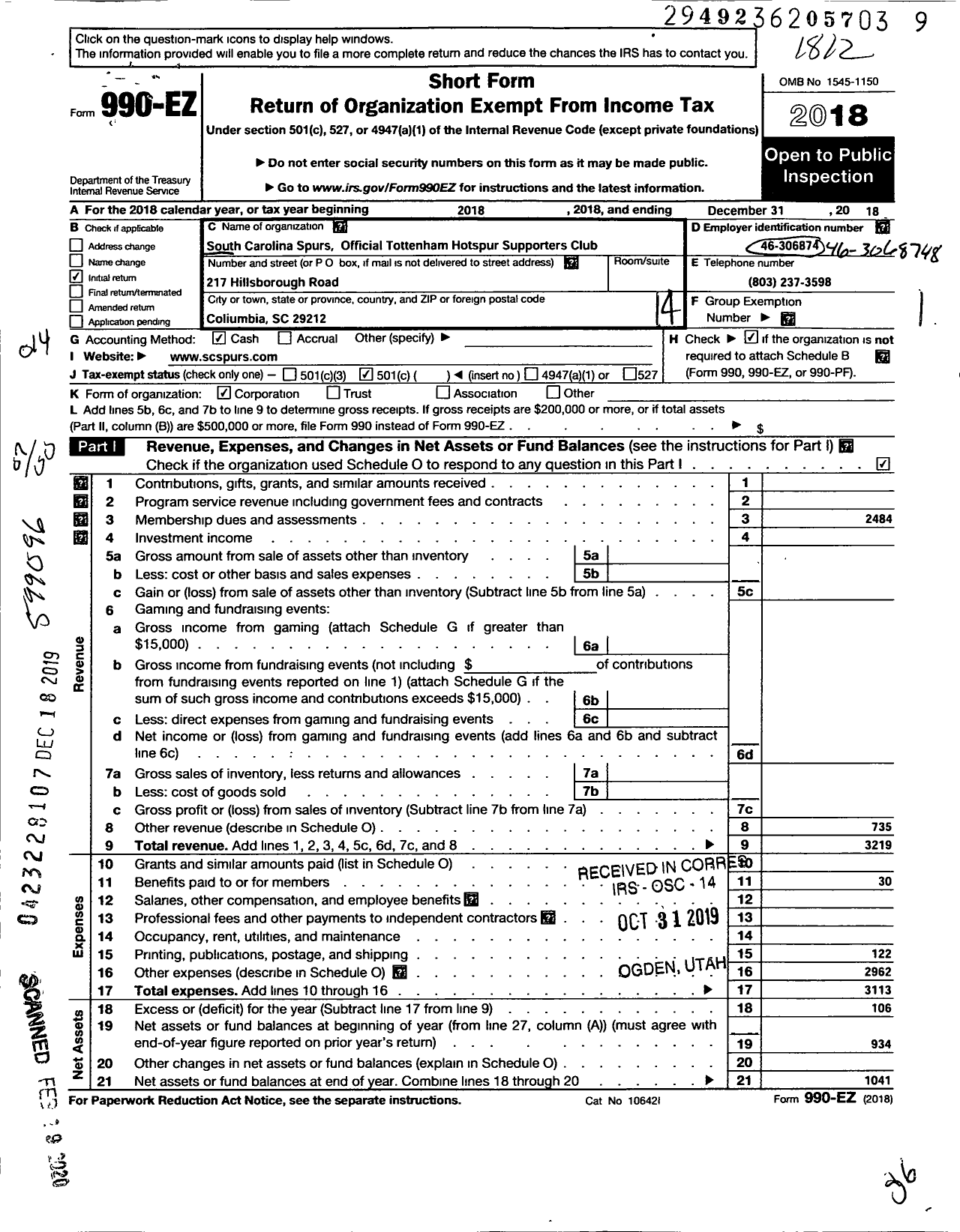 Image of first page of 2018 Form 990EO for South Carolina Spurs Official Tottenham Hotspur Supporters Club