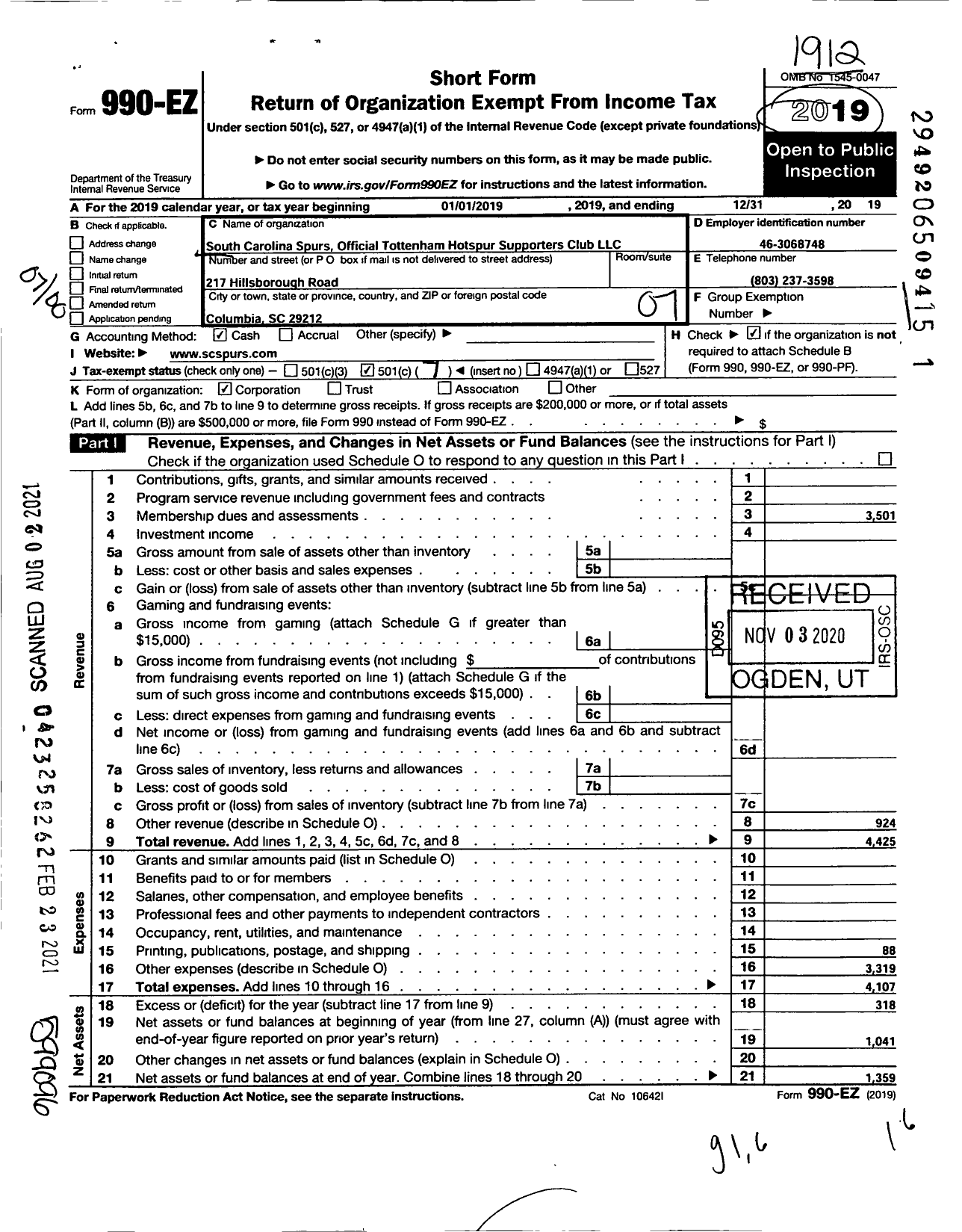 Image of first page of 2019 Form 990EO for South Carolina Spurs Official Tottenham Hotspur Supporters Club