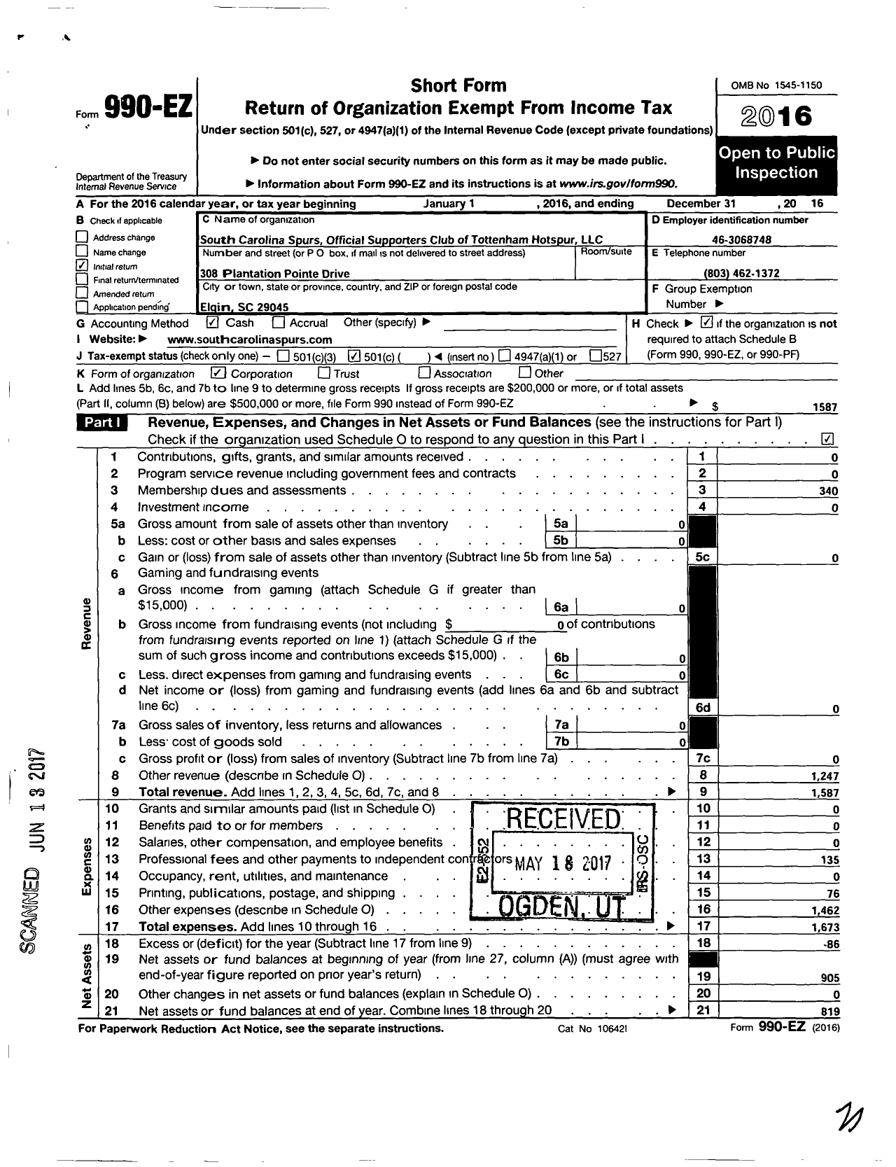 Image of first page of 2016 Form 990EO for South Carolina Spurs Official Tottenham Hotspur Supporters Club