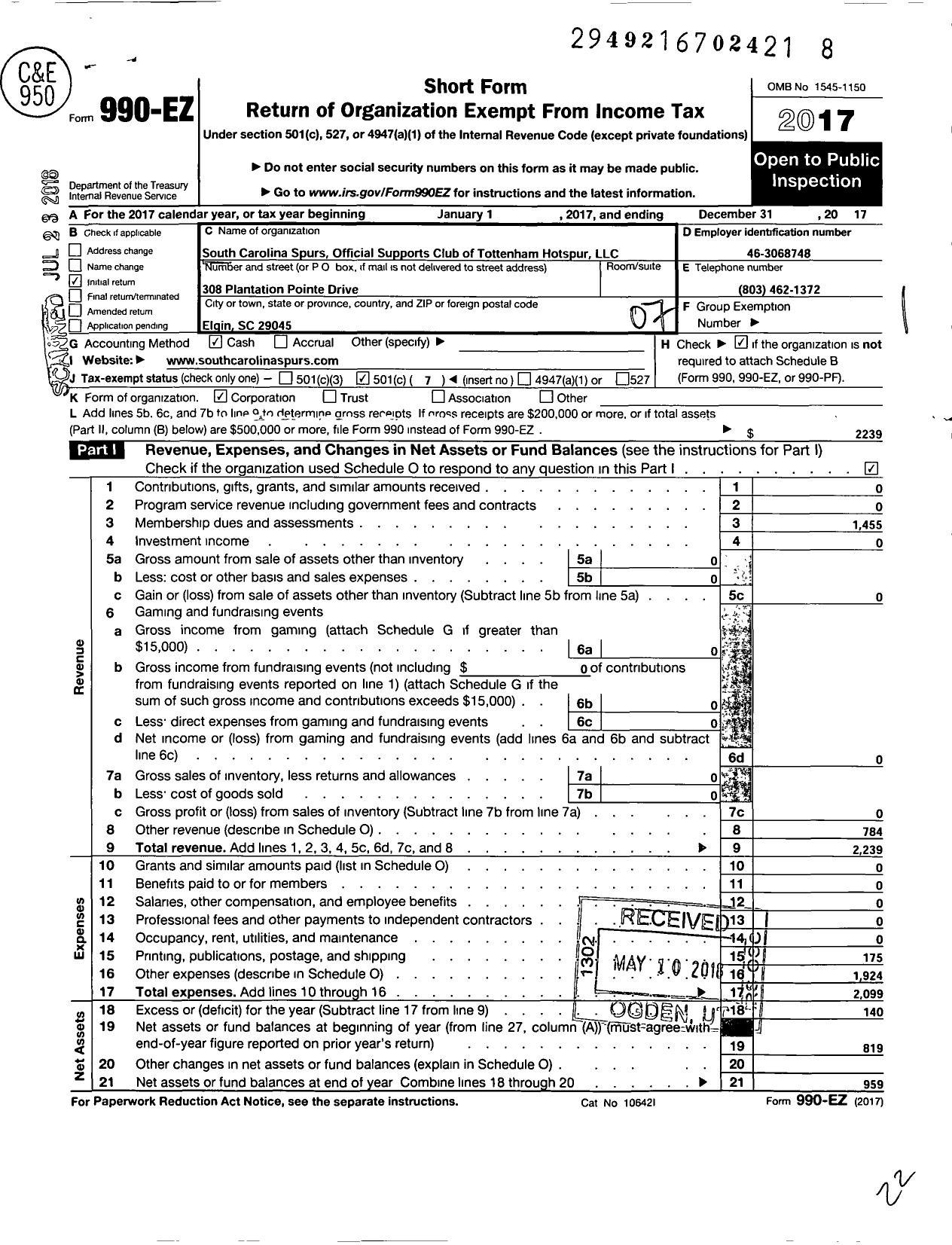 Image of first page of 2017 Form 990EO for South Carolina Spurs Official Tottenham Hotspur Supporters Club