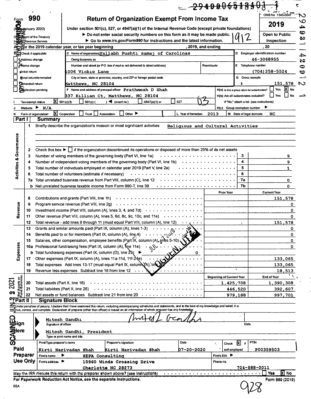 Image of first page of 2019 Form 990 for Vallabh Pushti Samaj of Carolinas