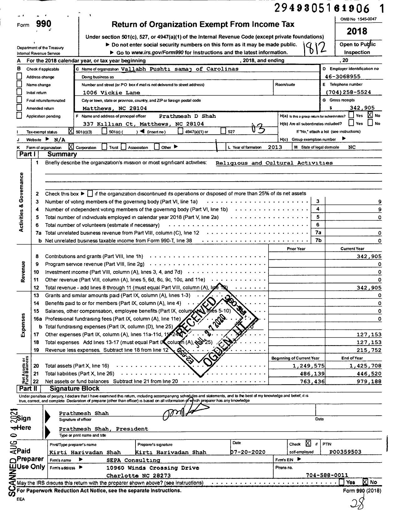 Image of first page of 2018 Form 990 for Vallabh Pushti Samaj of Carolinas