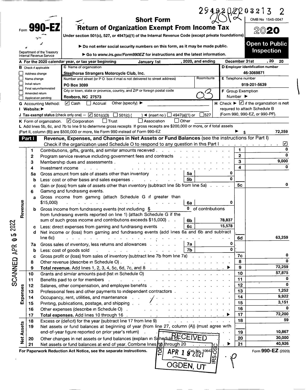 Image of first page of 2020 Form 990EZ for Steelhorse Strangers Motorcycle Club