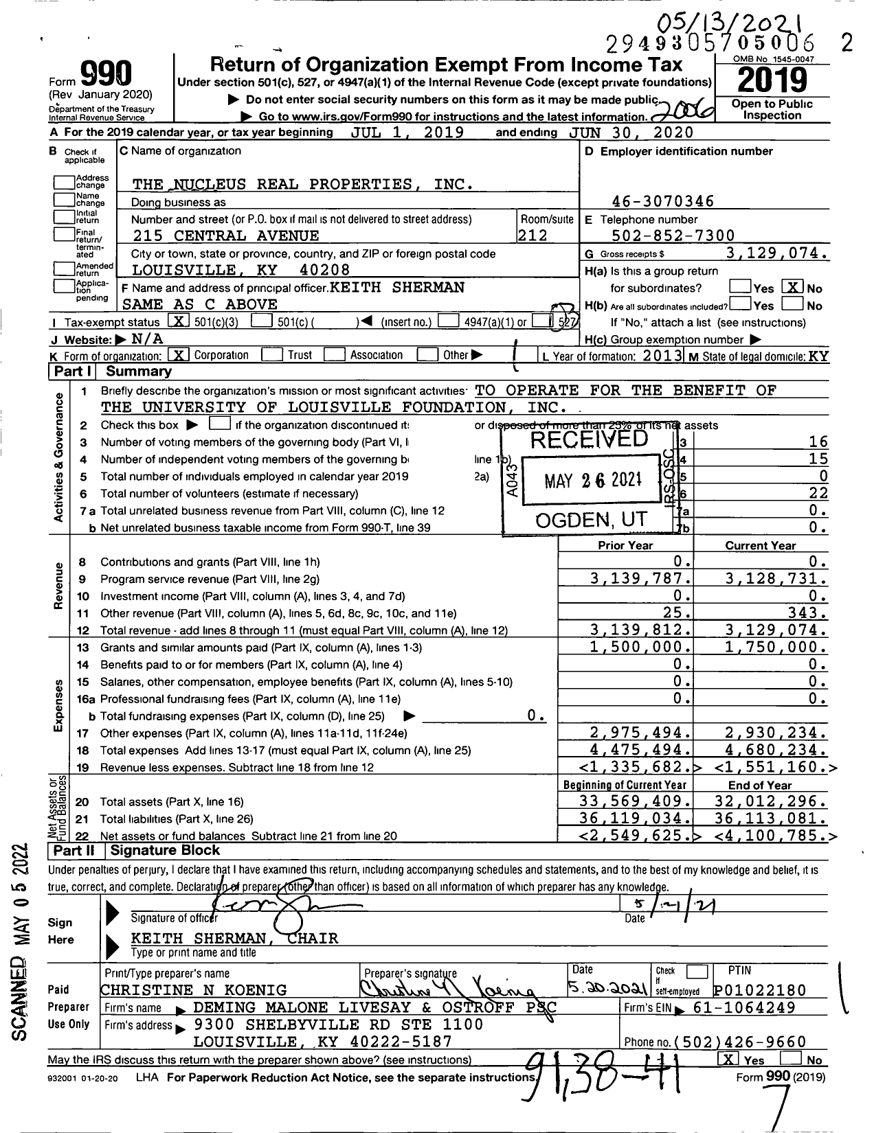 Image of first page of 2019 Form 990 for The Nucleus Real Properties