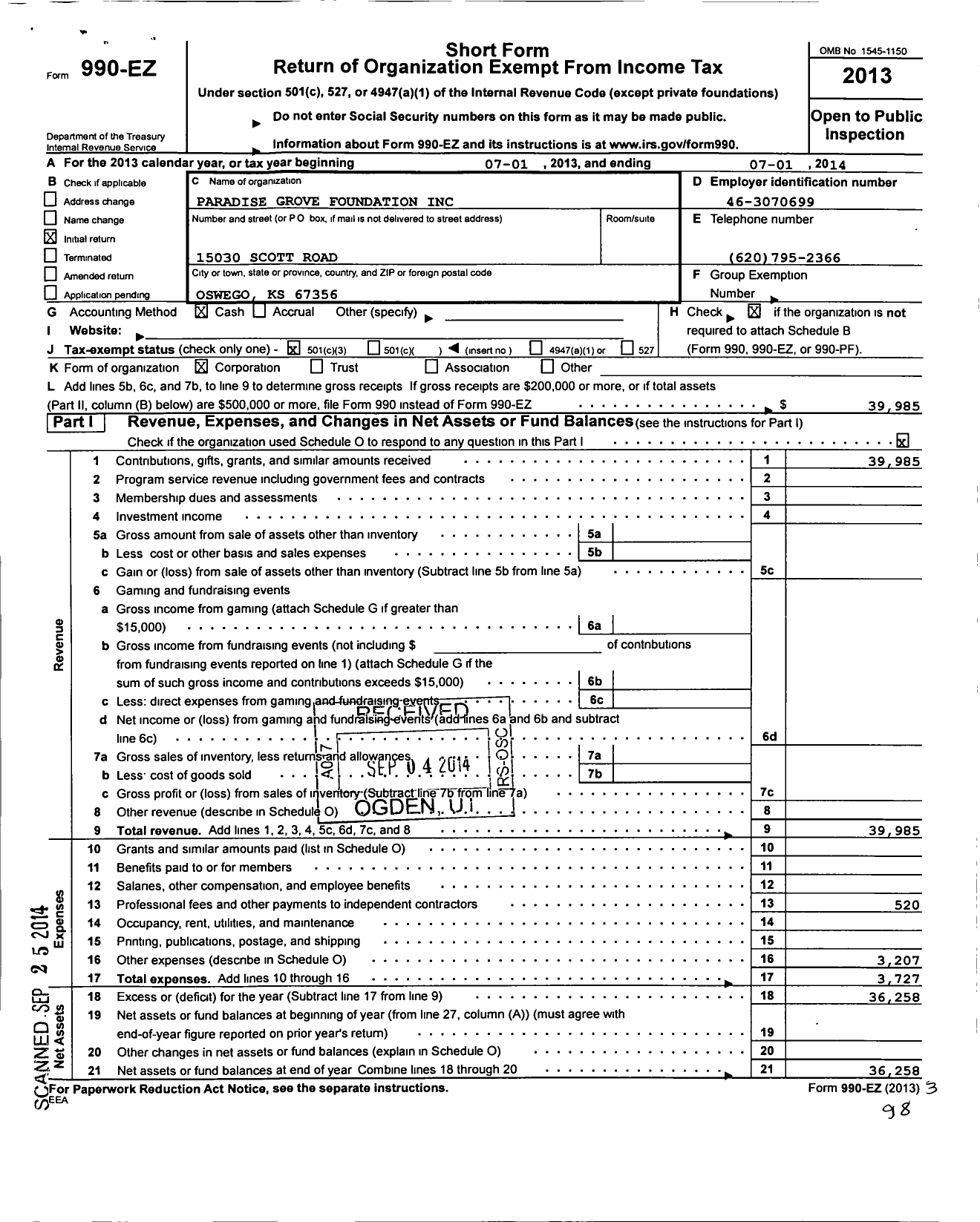 Image of first page of 2013 Form 990EZ for Paradise Grove Foundation