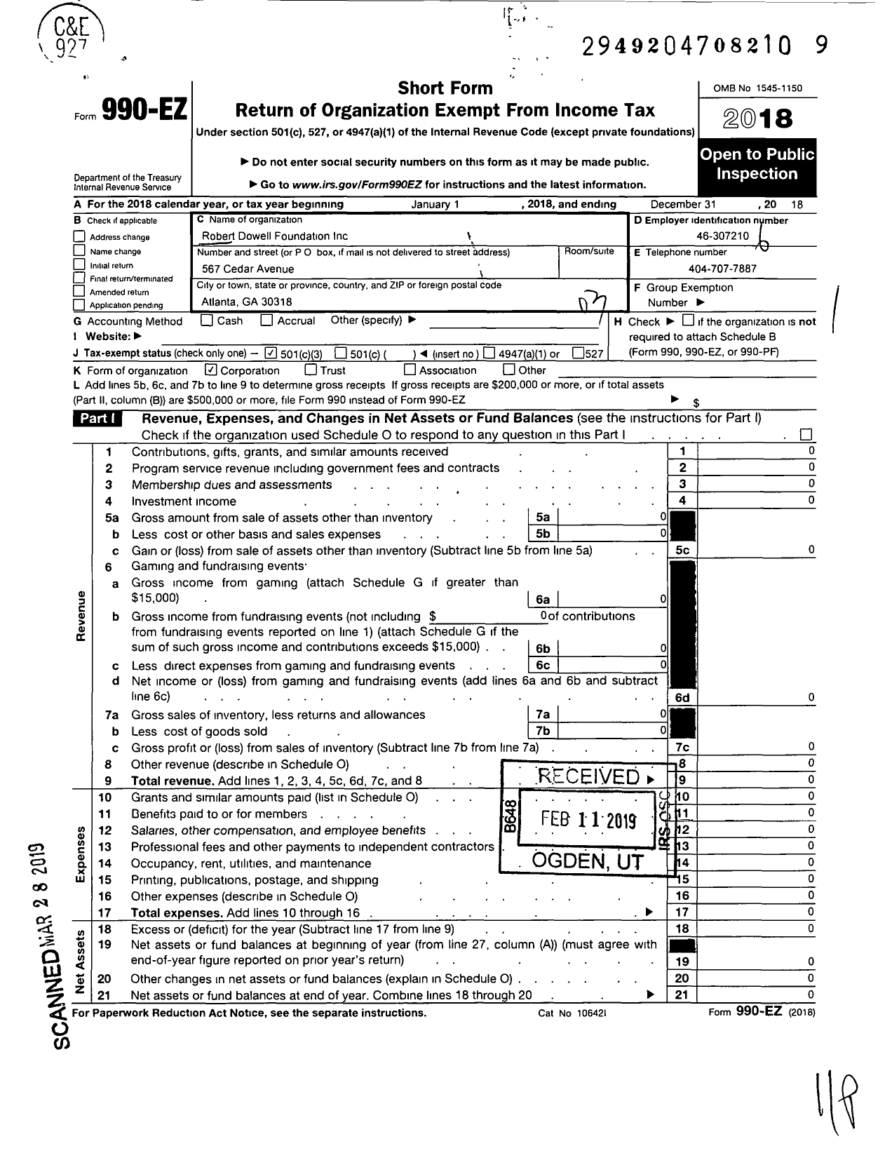 Image of first page of 2018 Form 990EZ for Robert Dowell Foundation LLC