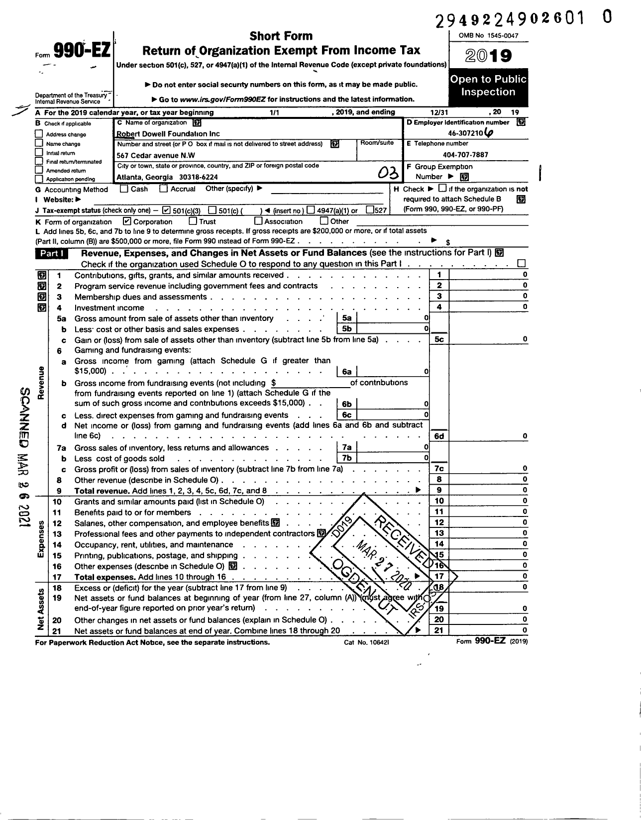 Image of first page of 2019 Form 990EZ for Robert Dowell Foundation LLC