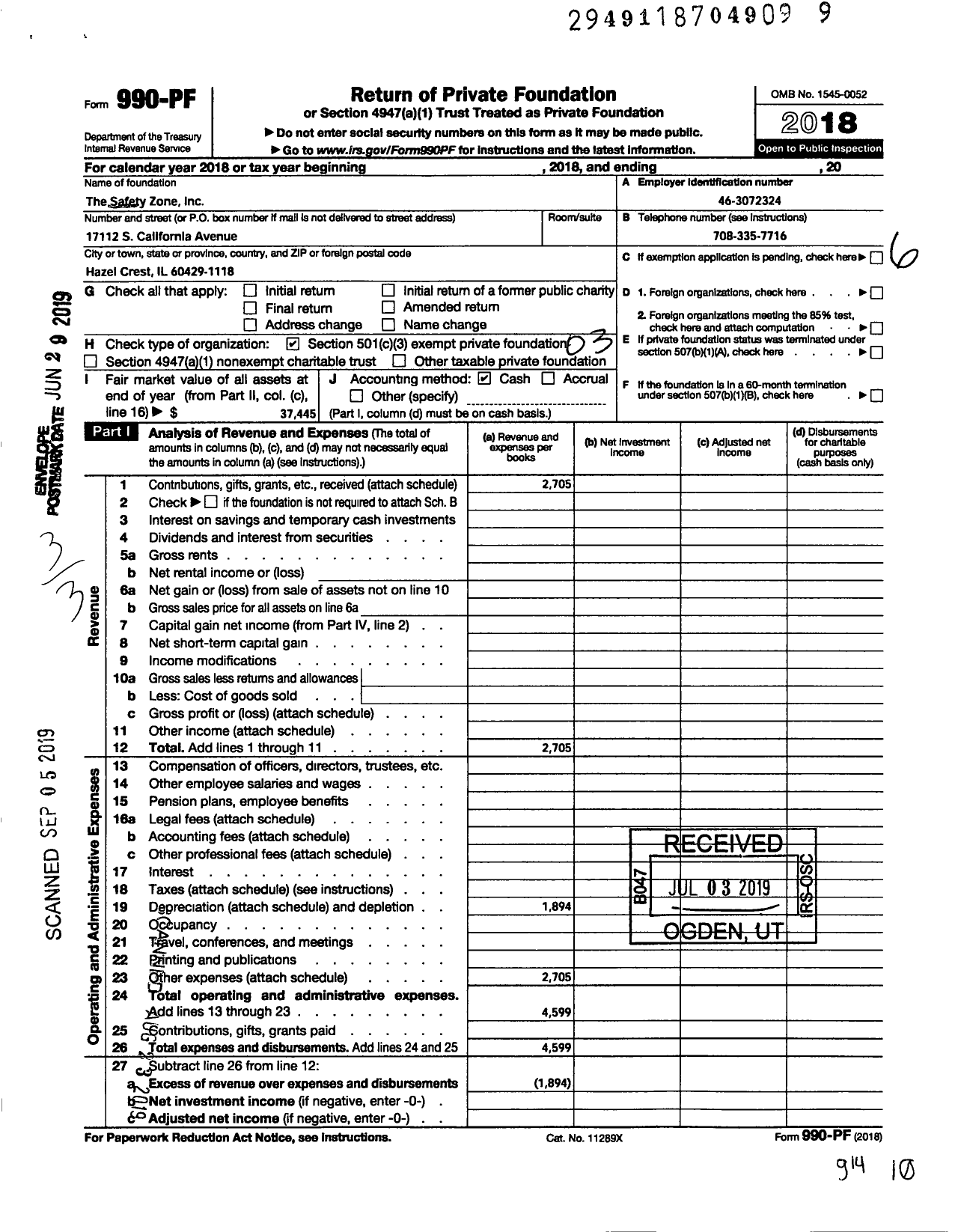 Image of first page of 2018 Form 990PF for Safety Zone