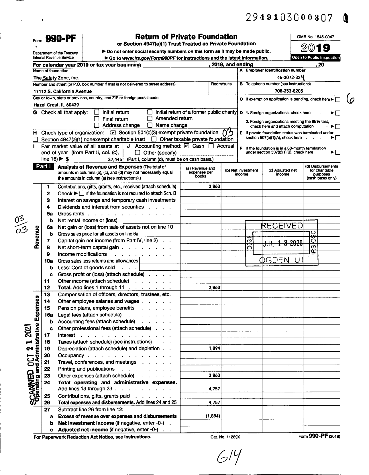 Image of first page of 2019 Form 990PF for Safety Zone