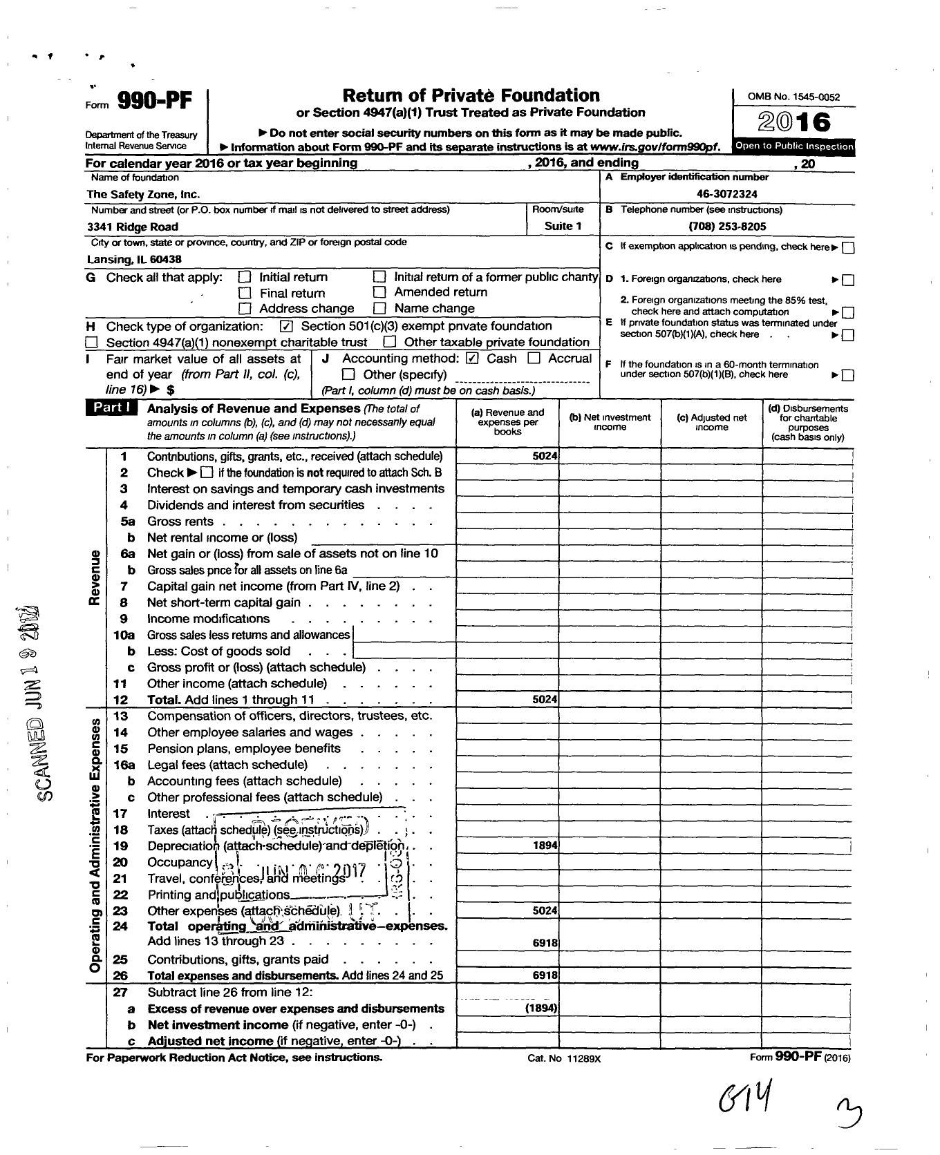 Image of first page of 2016 Form 990PF for Safety Zone