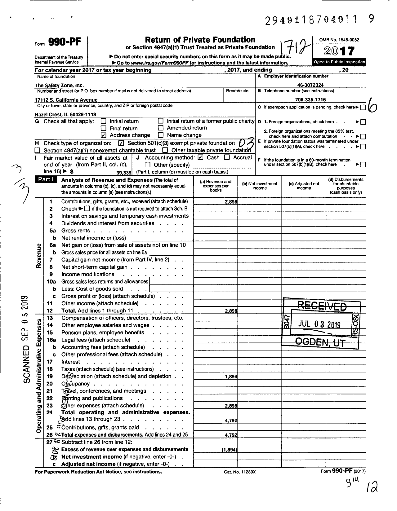 Image of first page of 2017 Form 990PF for Safety Zone