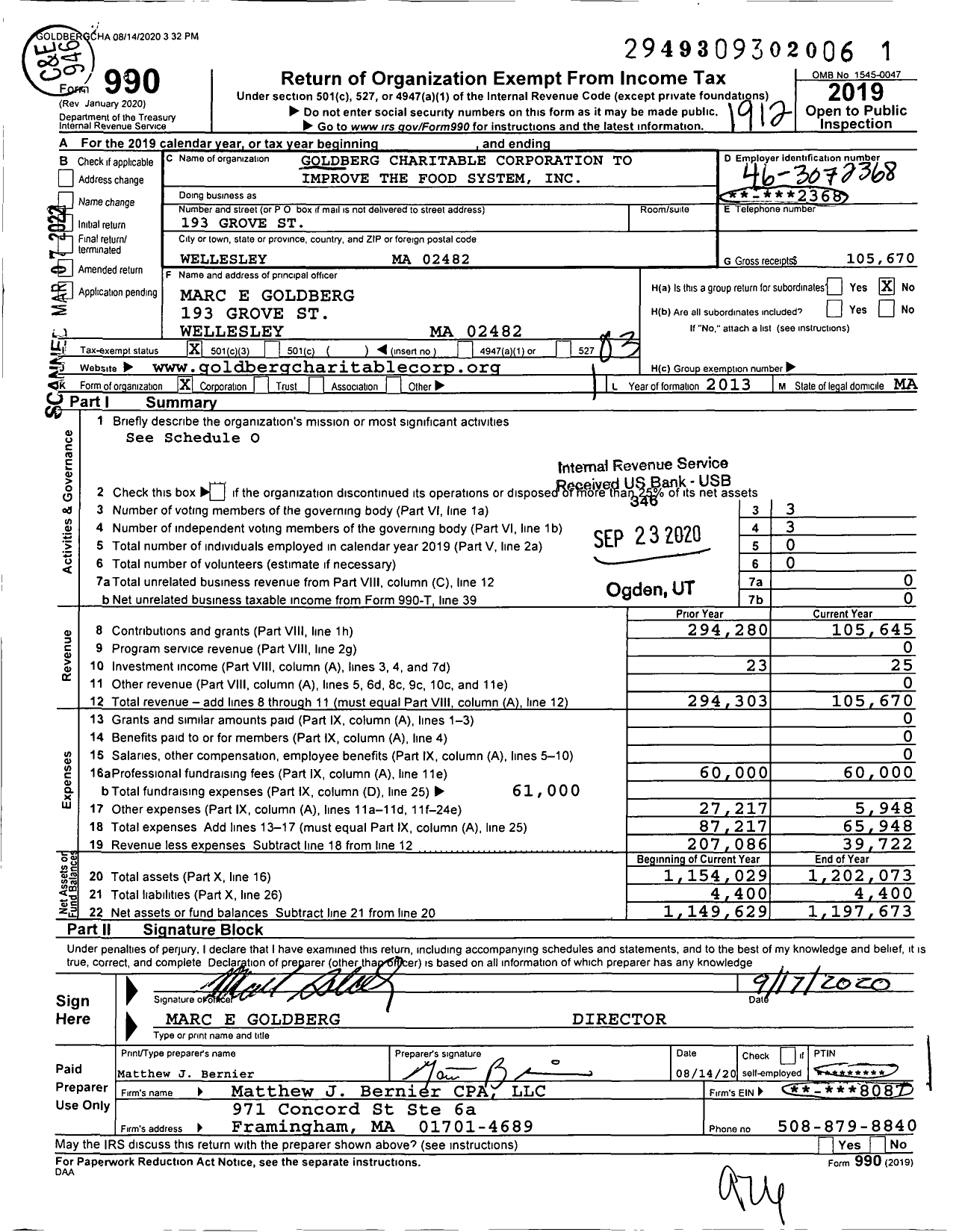 Image of first page of 2019 Form 990 for Goldberg Charitable Corporation To Improve the Food System