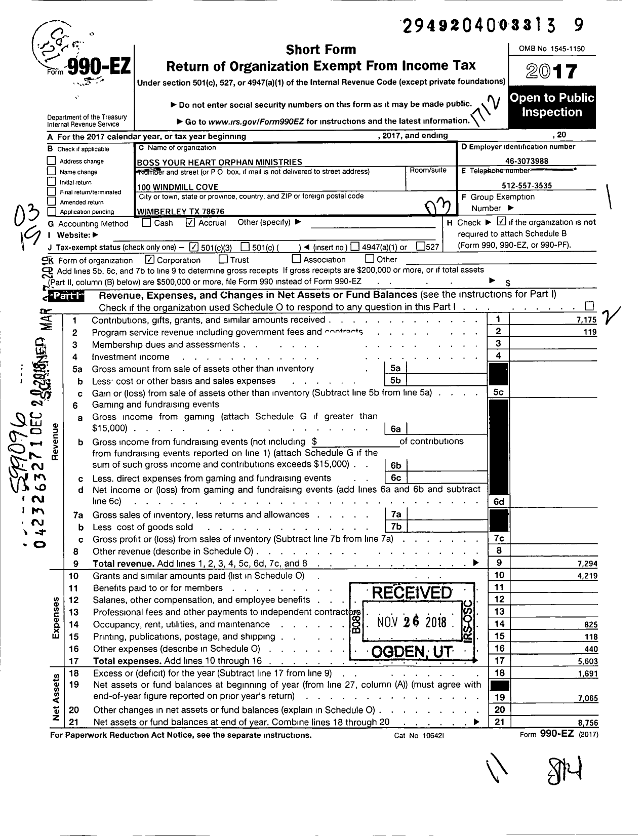 Image of first page of 2017 Form 990EZ for Boss Your Heart Orphan Ministries