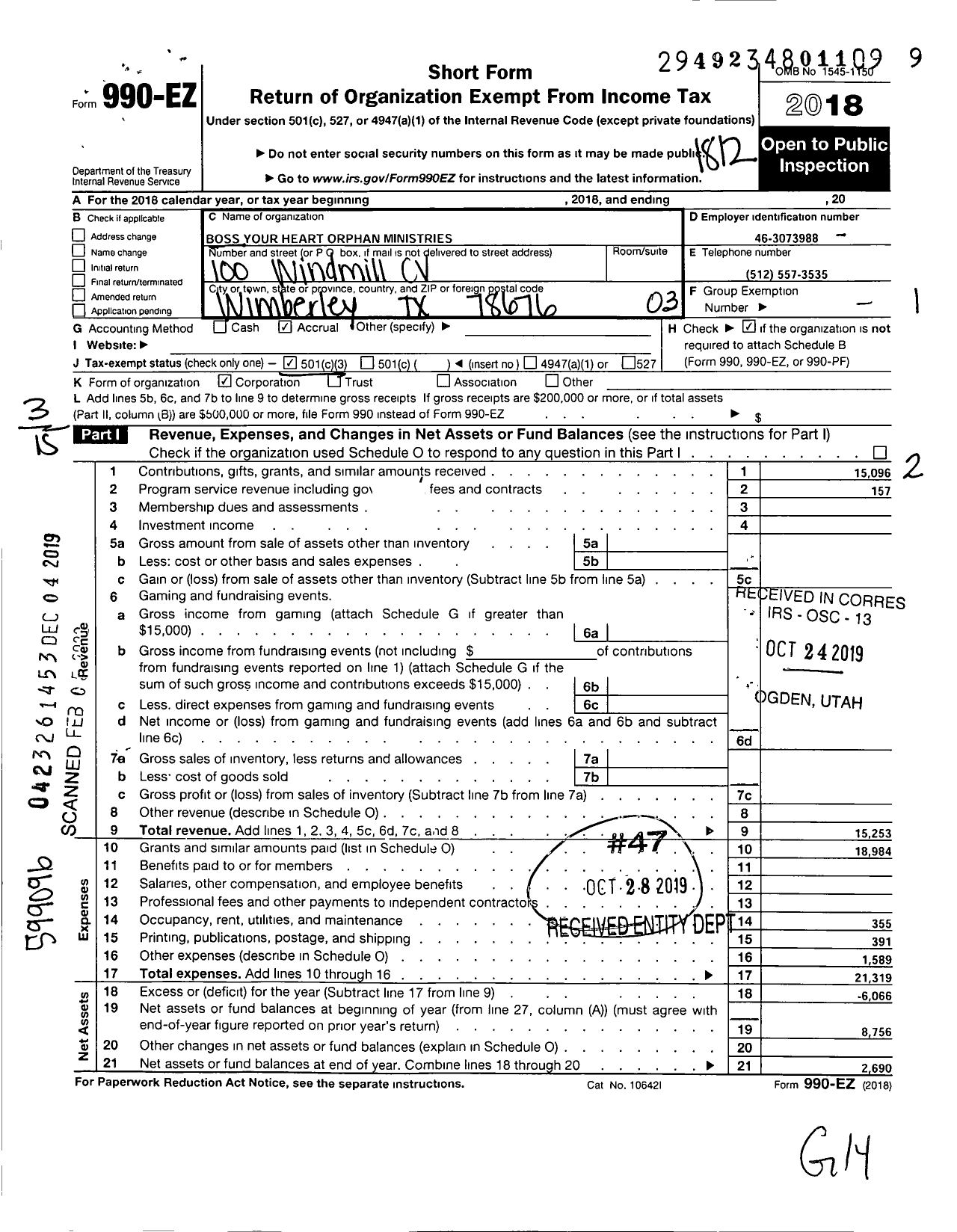 Image of first page of 2018 Form 990EZ for Boss Your Heart Orphan Ministries