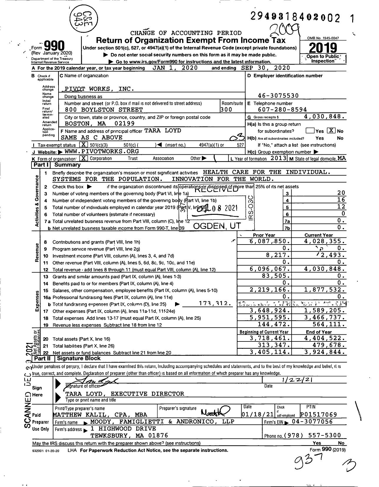 Image of first page of 2019 Form 990 for Pivot Works