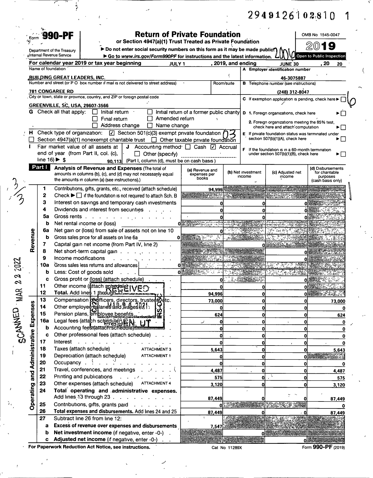 Image of first page of 2019 Form 990PF for Building Great Leaders