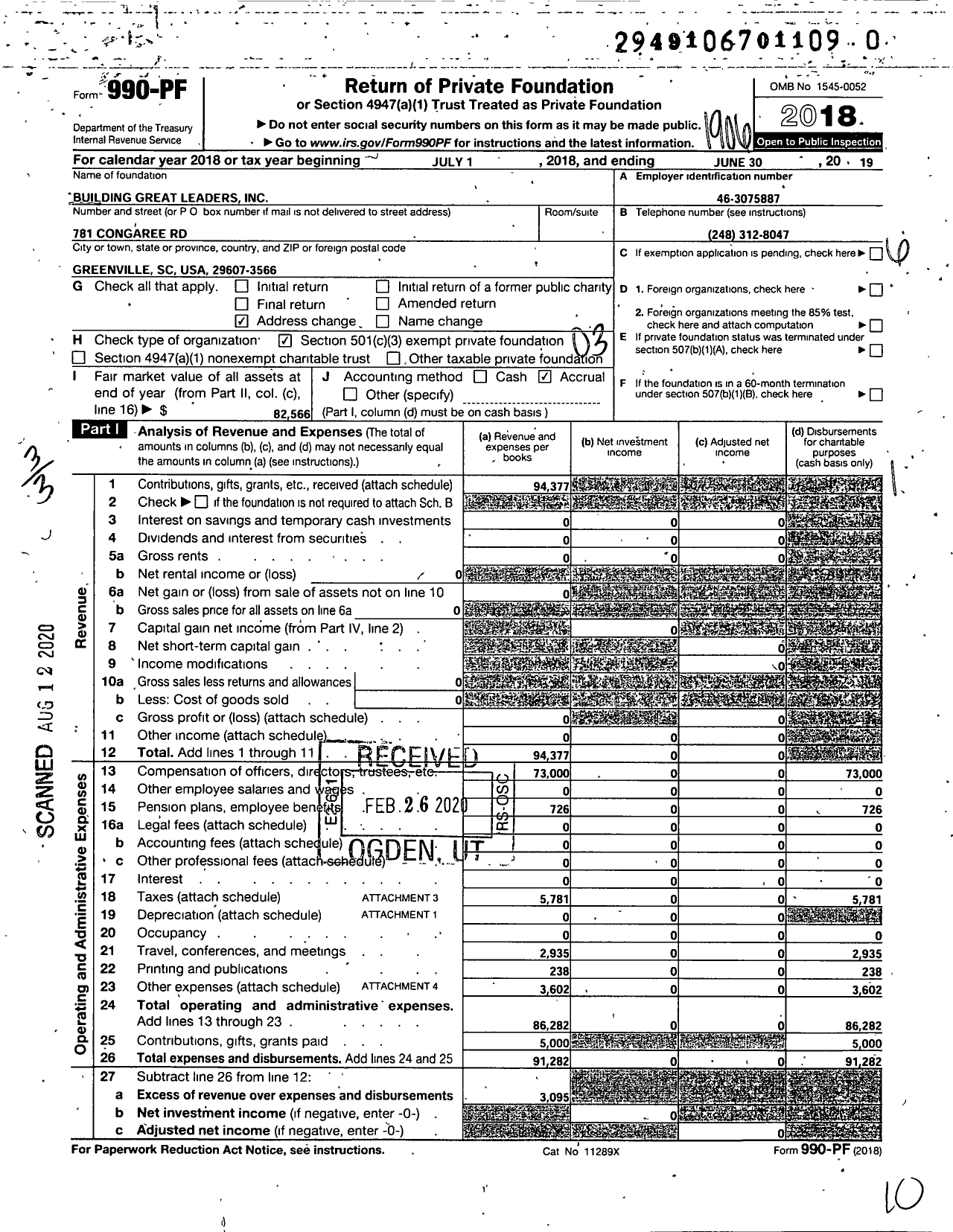 Image of first page of 2018 Form 990PR for Building Great Leaders