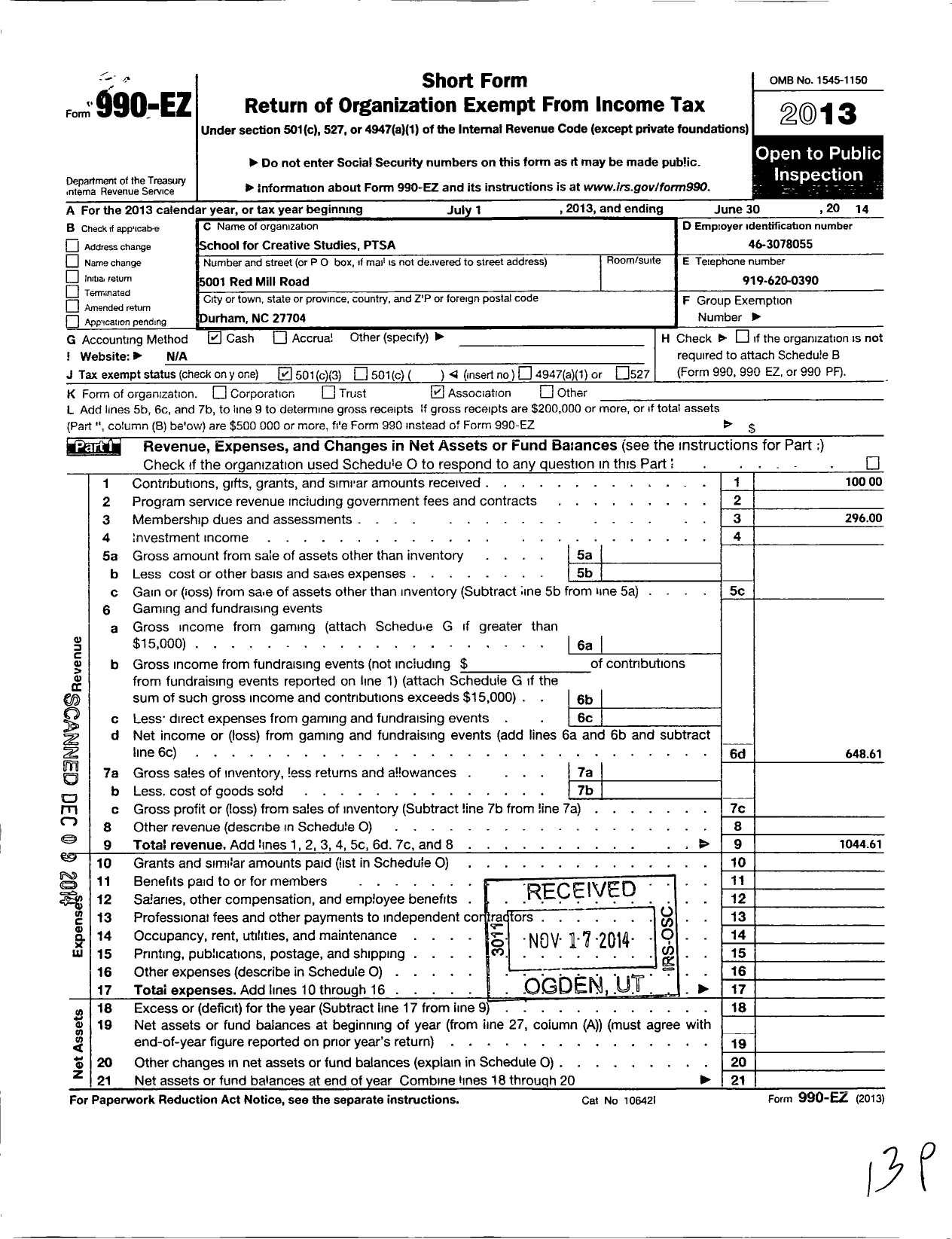 Image of first page of 2013 Form 990EZ for School for Creative Studies PTSA