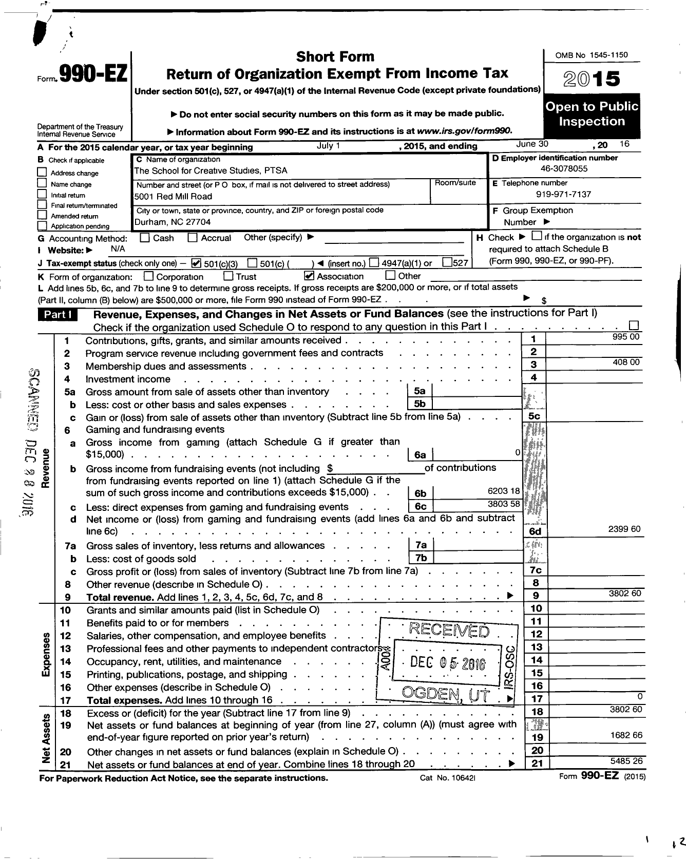 Image of first page of 2015 Form 990EZ for School for Creative Studies PTSA