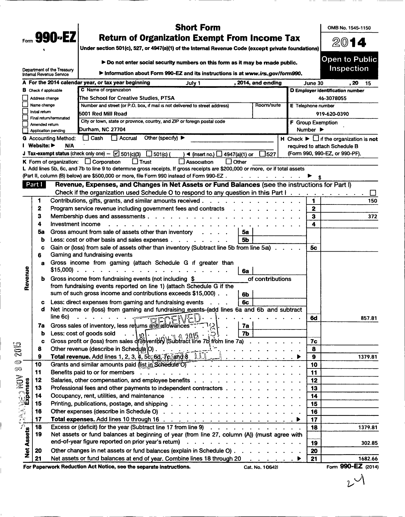 Image of first page of 2014 Form 990EZ for School for Creative Studies PTSA