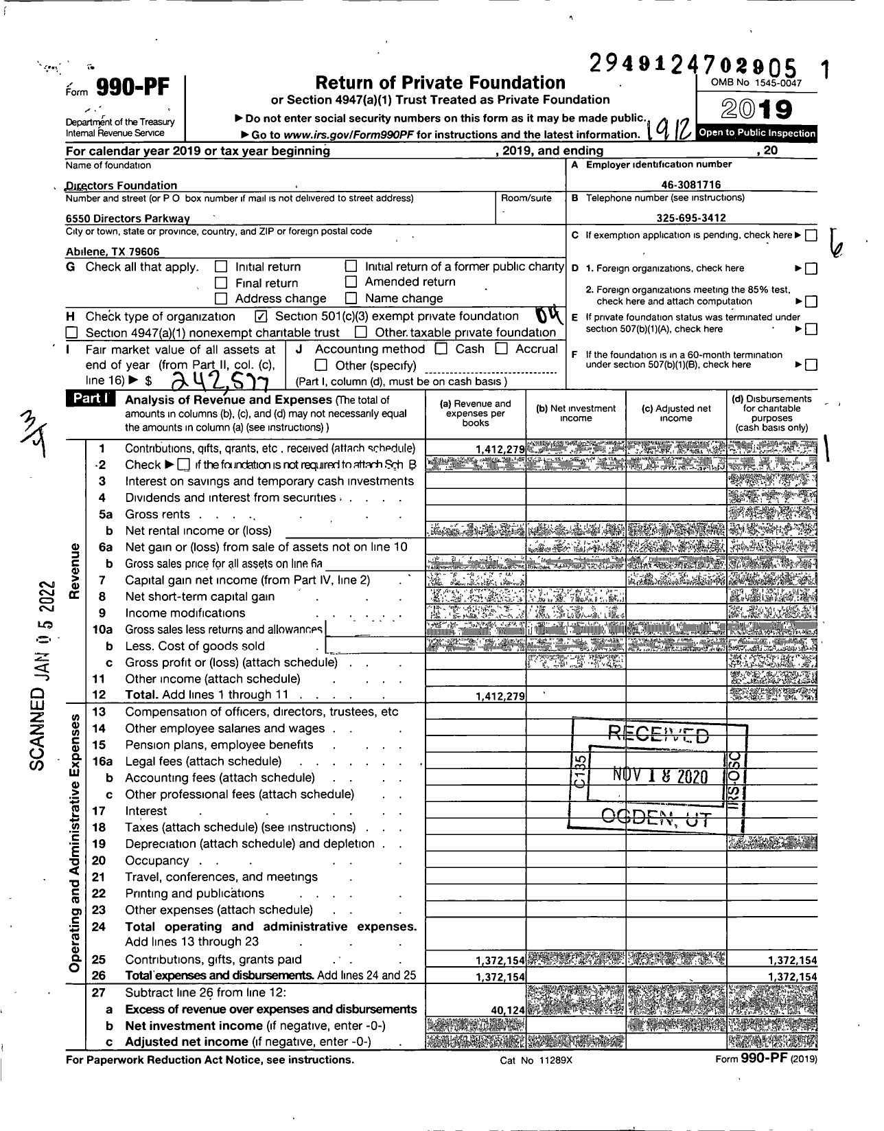 Image of first page of 2019 Form 990PF for Directors Foundation