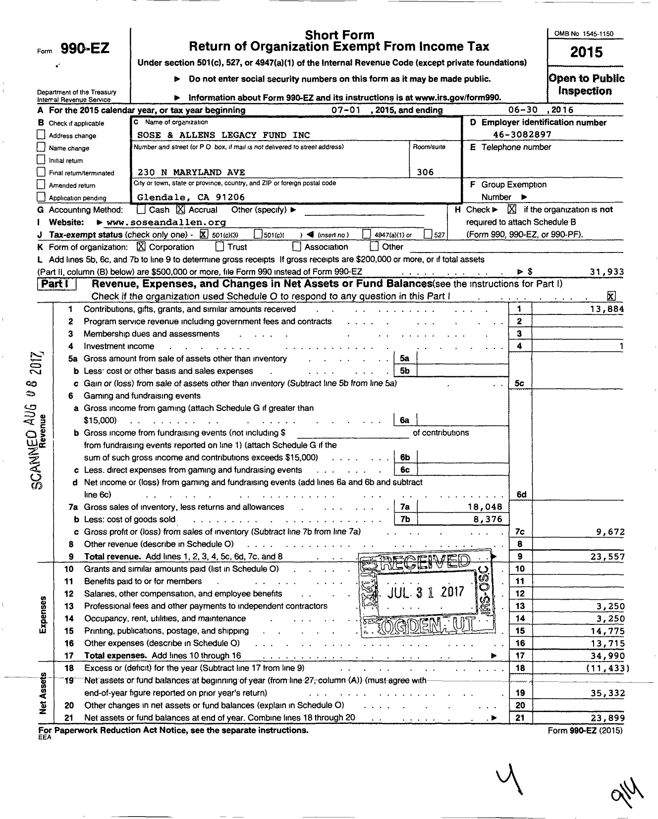 Image of first page of 2015 Form 990EZ for Sose and Allens Legacy Fund