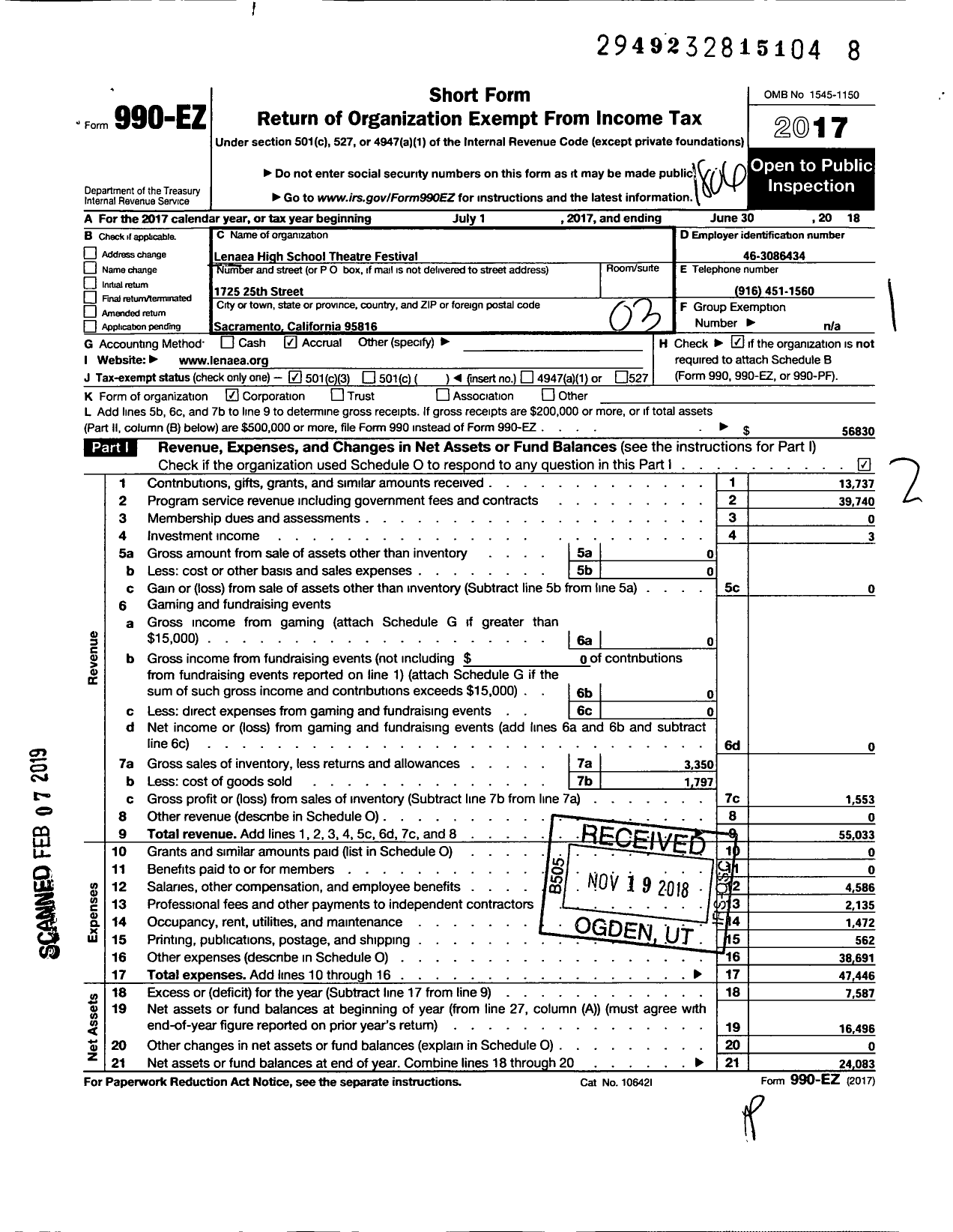 Image of first page of 2017 Form 990EZ for Lenaea High School Theatre Festival