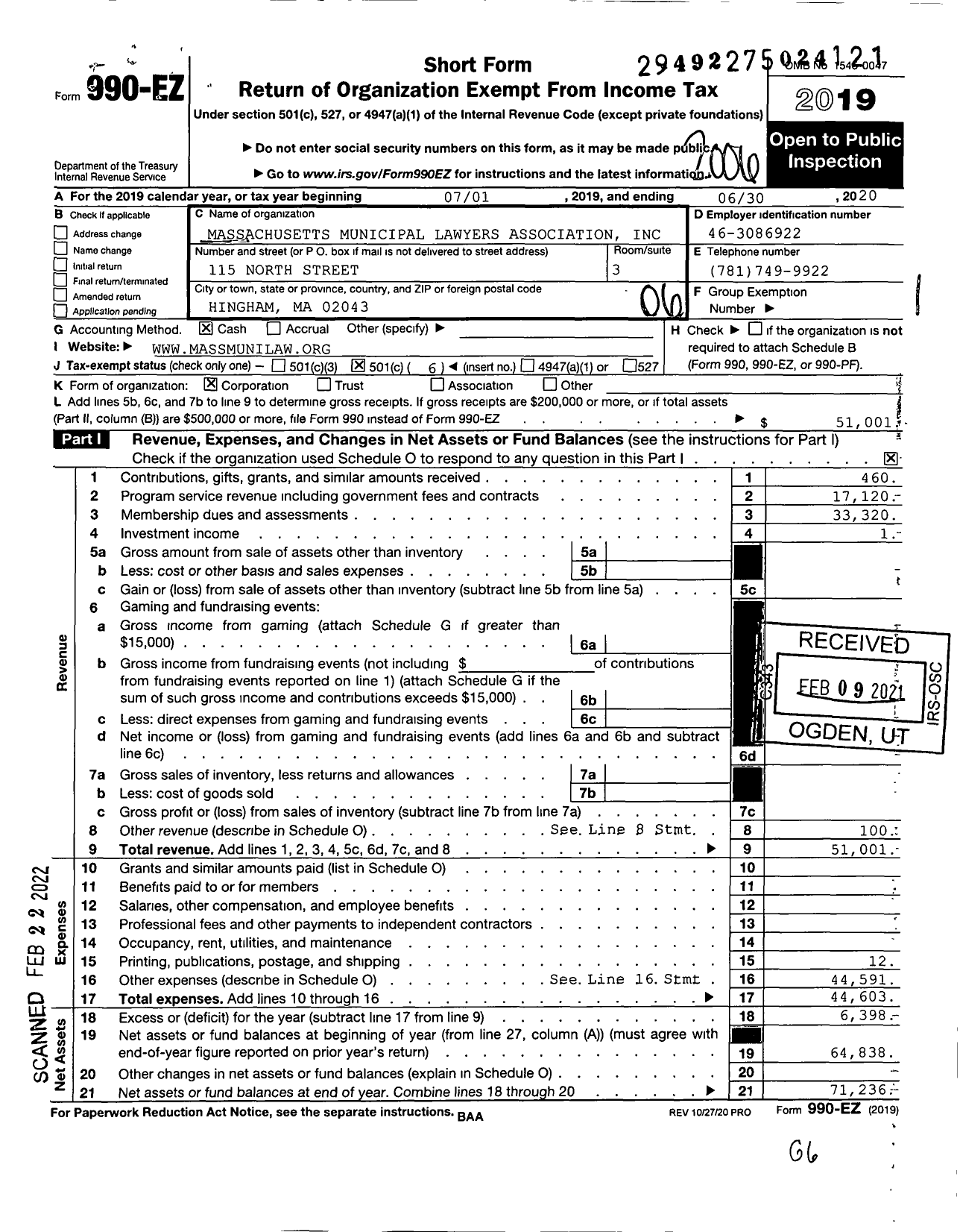 Image of first page of 2019 Form 990EO for Massachusetts Municipal Lawyers Association