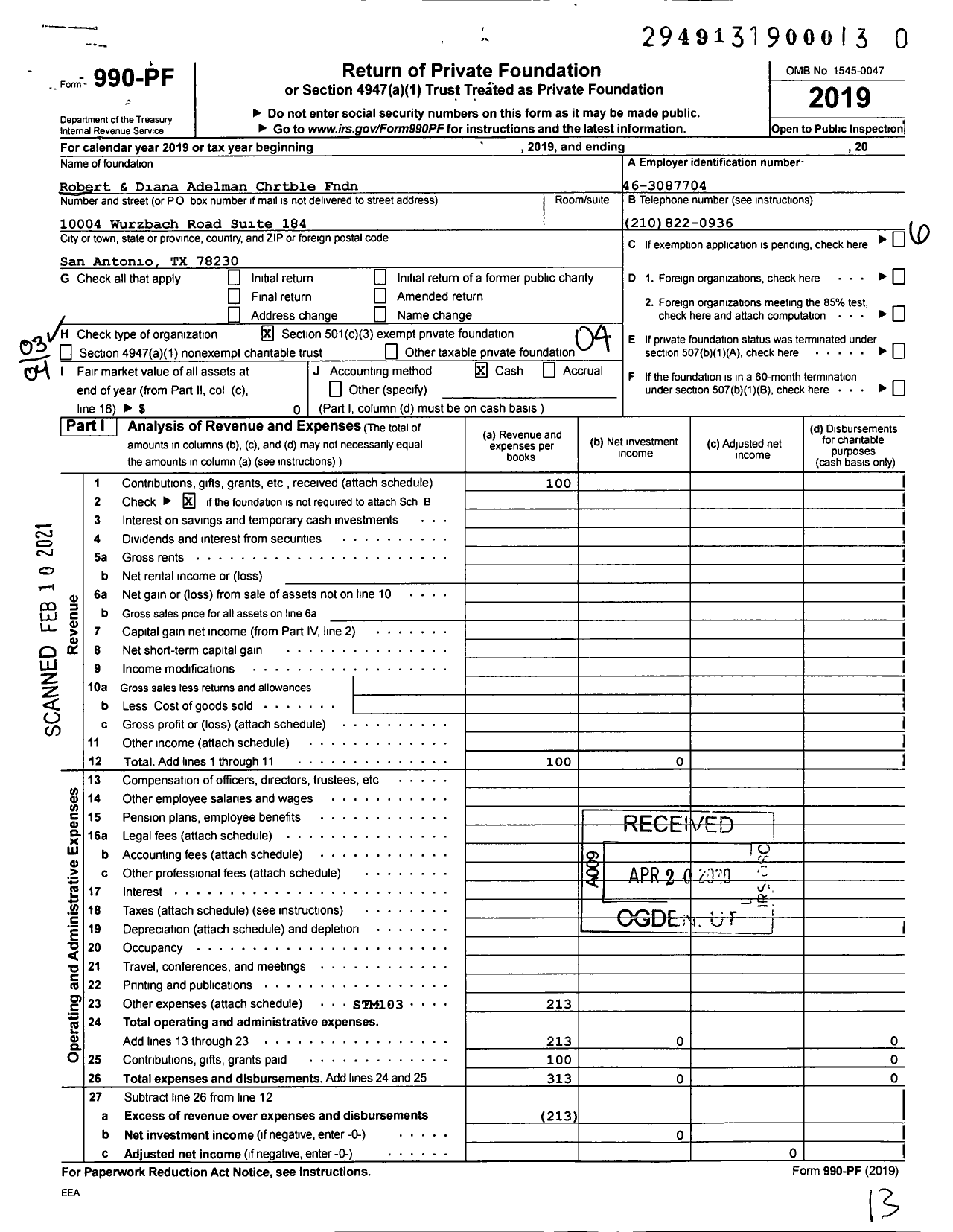 Image of first page of 2019 Form 990PF for Robert & Diana Adelman Chrtble Fndn