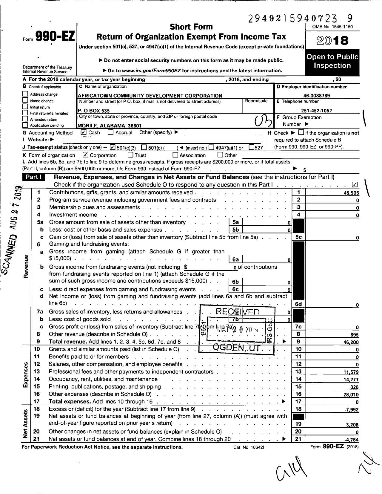 Image of first page of 2018 Form 990EZ for Africatown Community Development Corporation