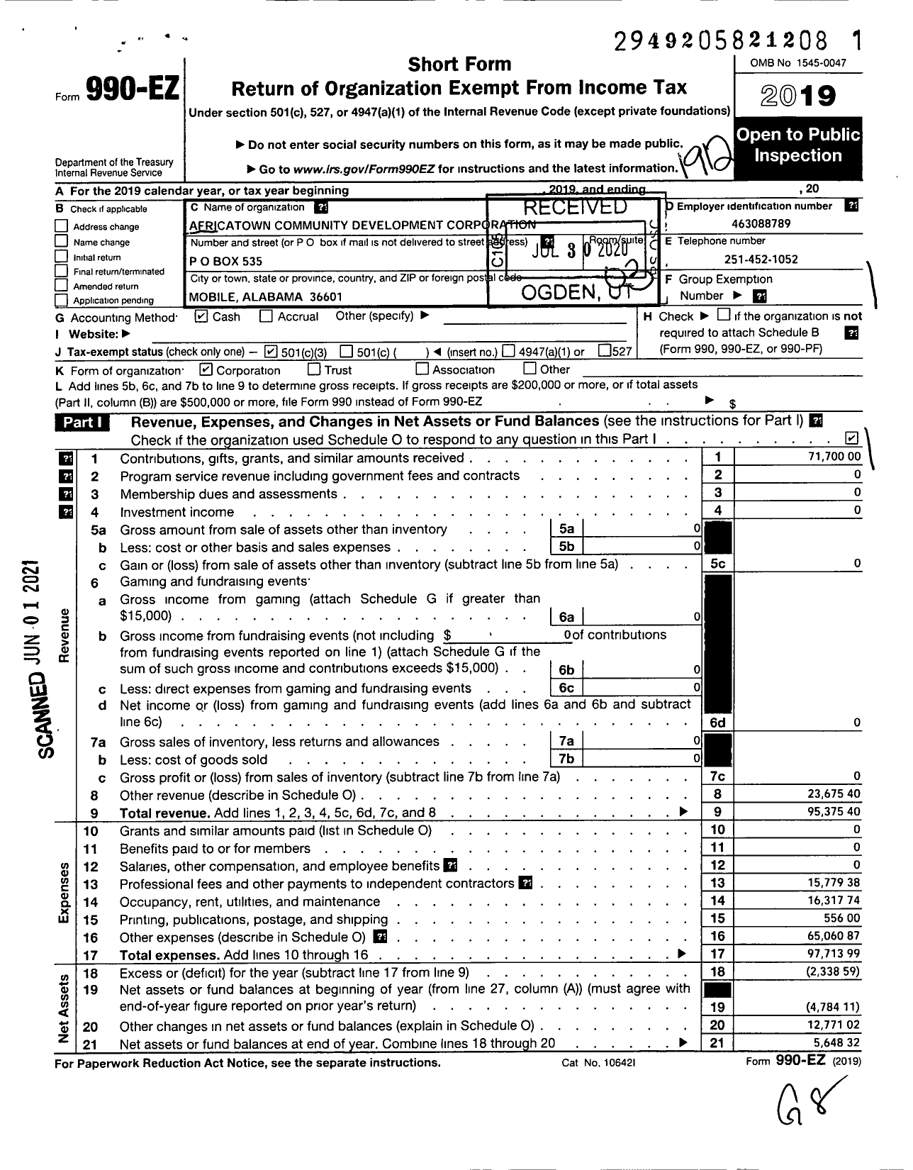 Image of first page of 2019 Form 990EZ for Africatown Community Development Corporation