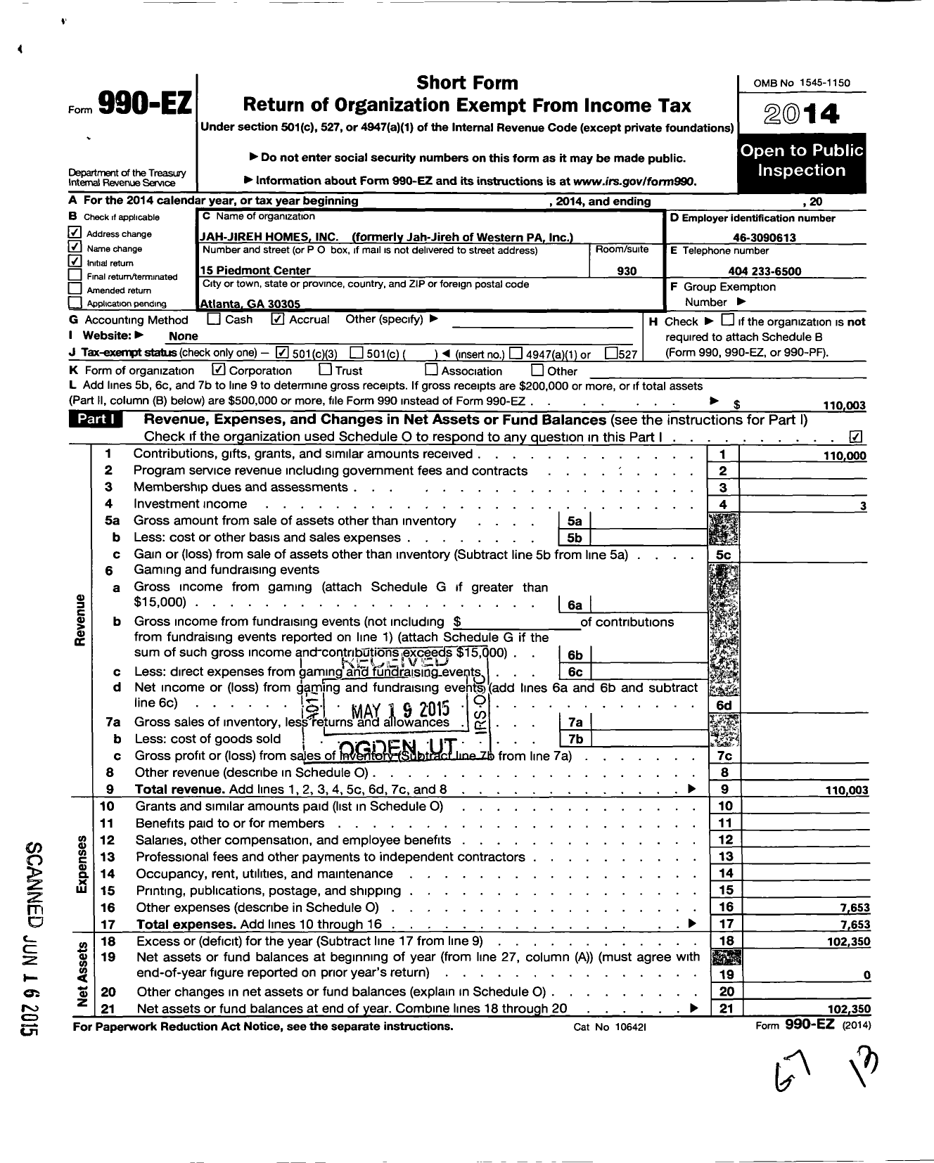 Image of first page of 2014 Form 990EZ for Jah-Jireh Homes